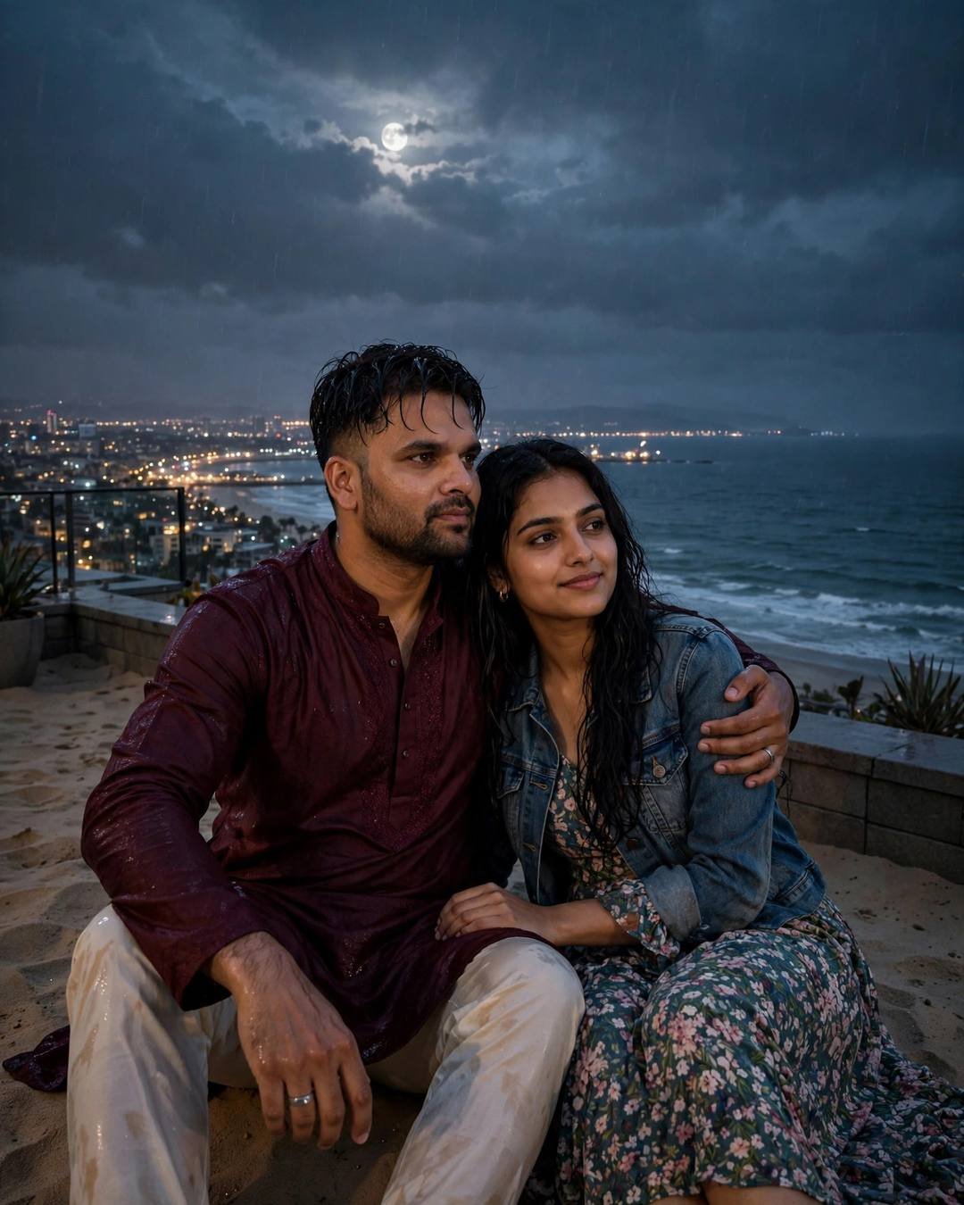 Couple sitting close on sand at a rooftop terrace at night — man in maroon kurta with arm around woman in denim jacket, moon over the bay