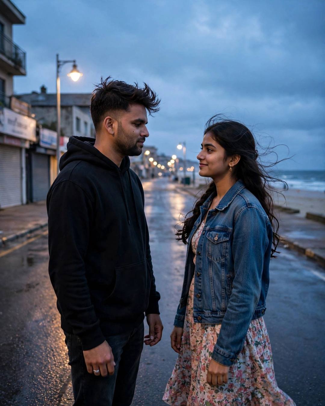 Couple dancing slowly in an empty wet street at blue hour — man in black hoodie, woman in floral dress with denim jacket, streetlamps glowing