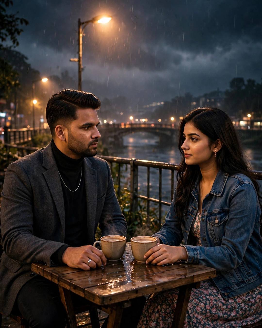 Couple at a riverside cafe table at night, hands almost touching over steaming chai cups