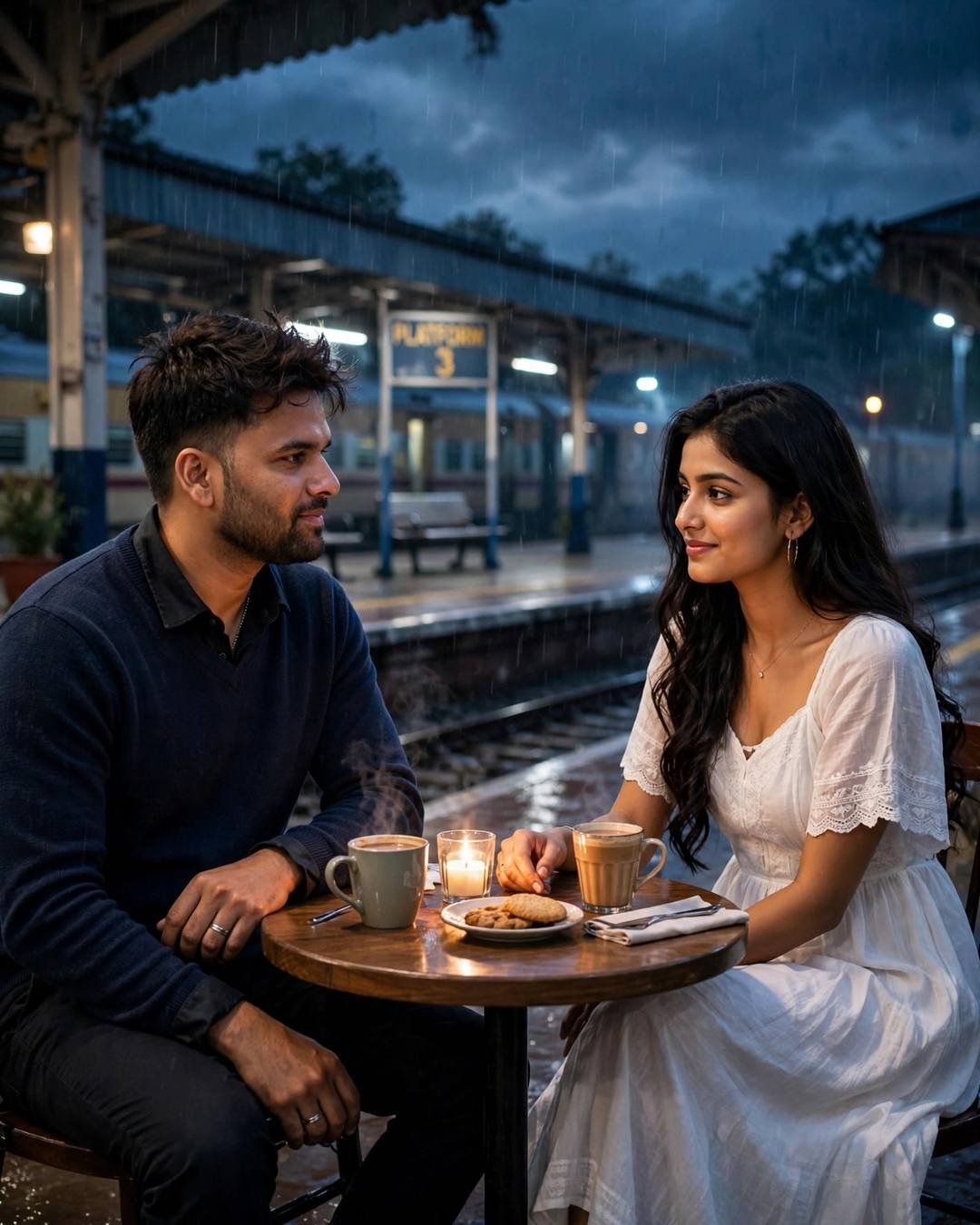Couple sharing chai and a candle at a small table on a rainy railway platform at blue hour