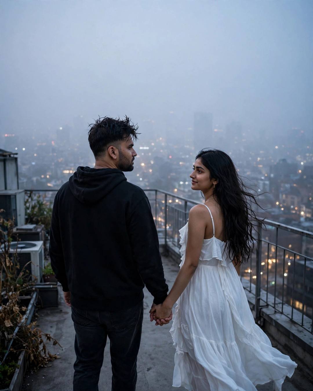Young Indian couple holding hands on a foggy rooftop above city lights at night, white flowing dress, black hoodie, pale light through fog