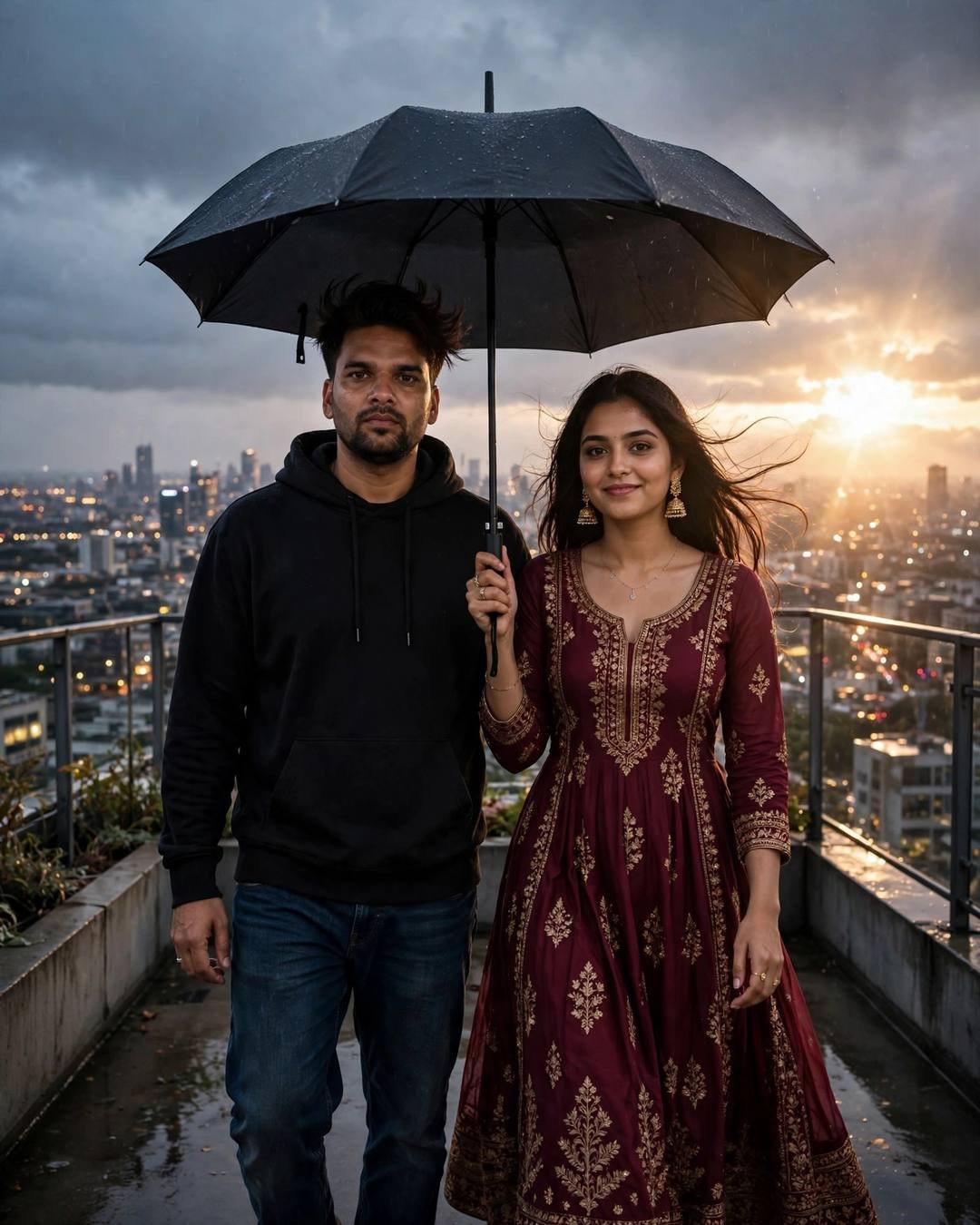 Young Indian couple under one umbrella on a rooftop at golden hour, black hoodie and maroon anarkali with jhumkas, city lights glowing behind in drizzle