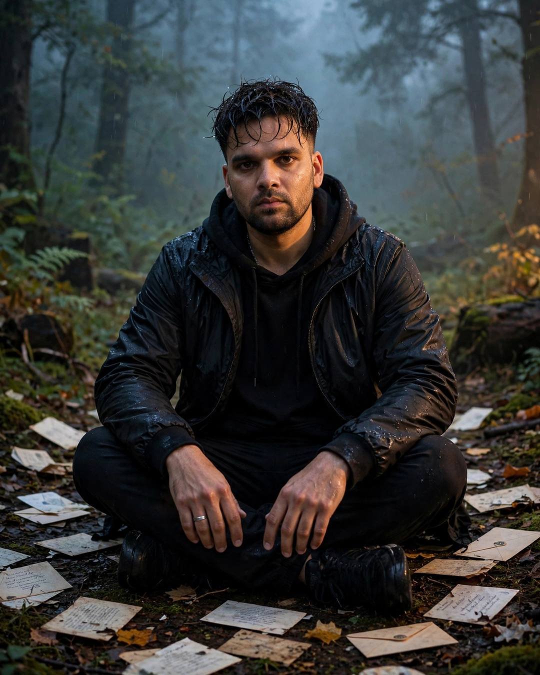 Man in black streetwear sitting cross-legged among old letters on a misty forest path
