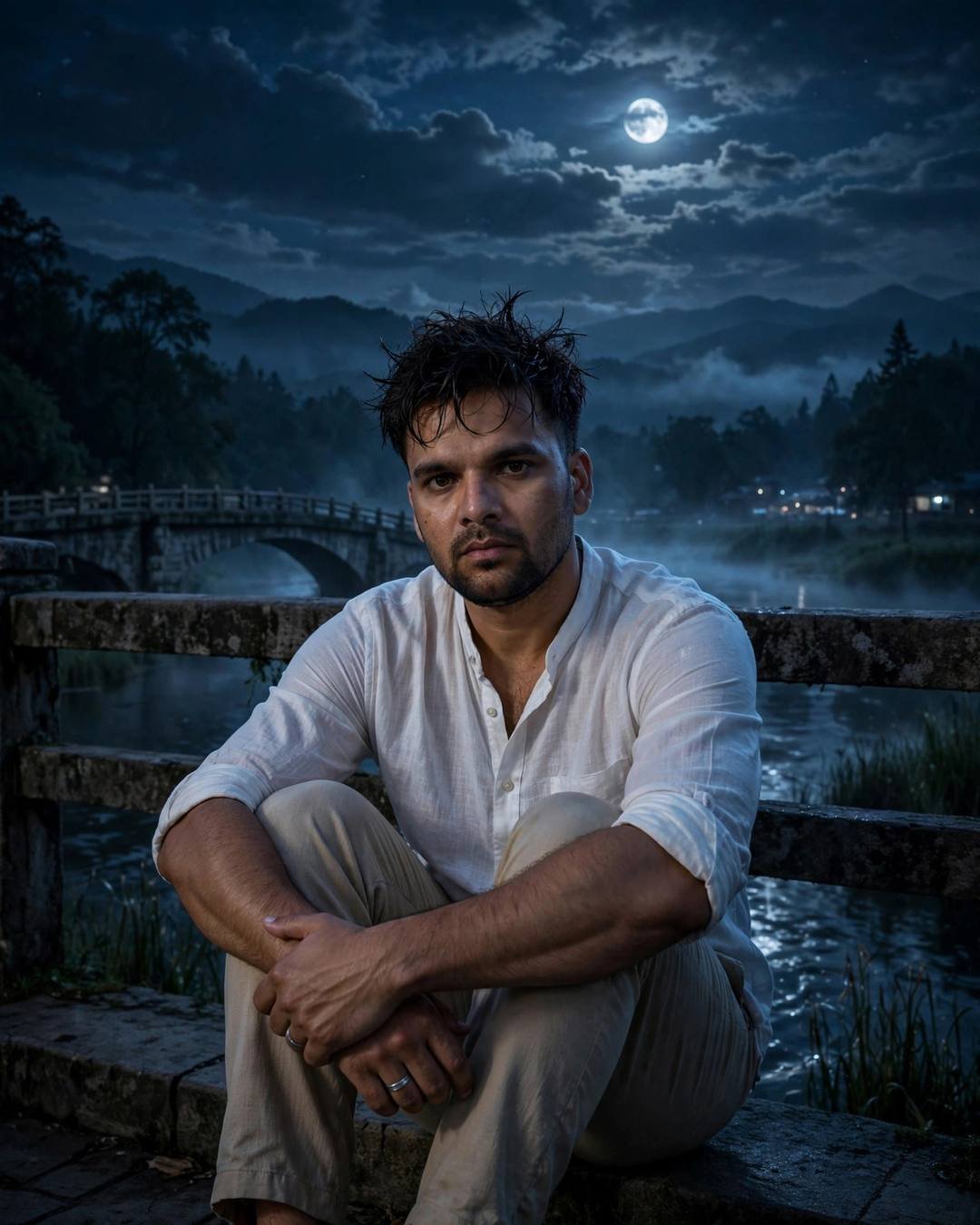 Man in a white linen shirt sitting with knees drawn up on a moonlit bridge over a river