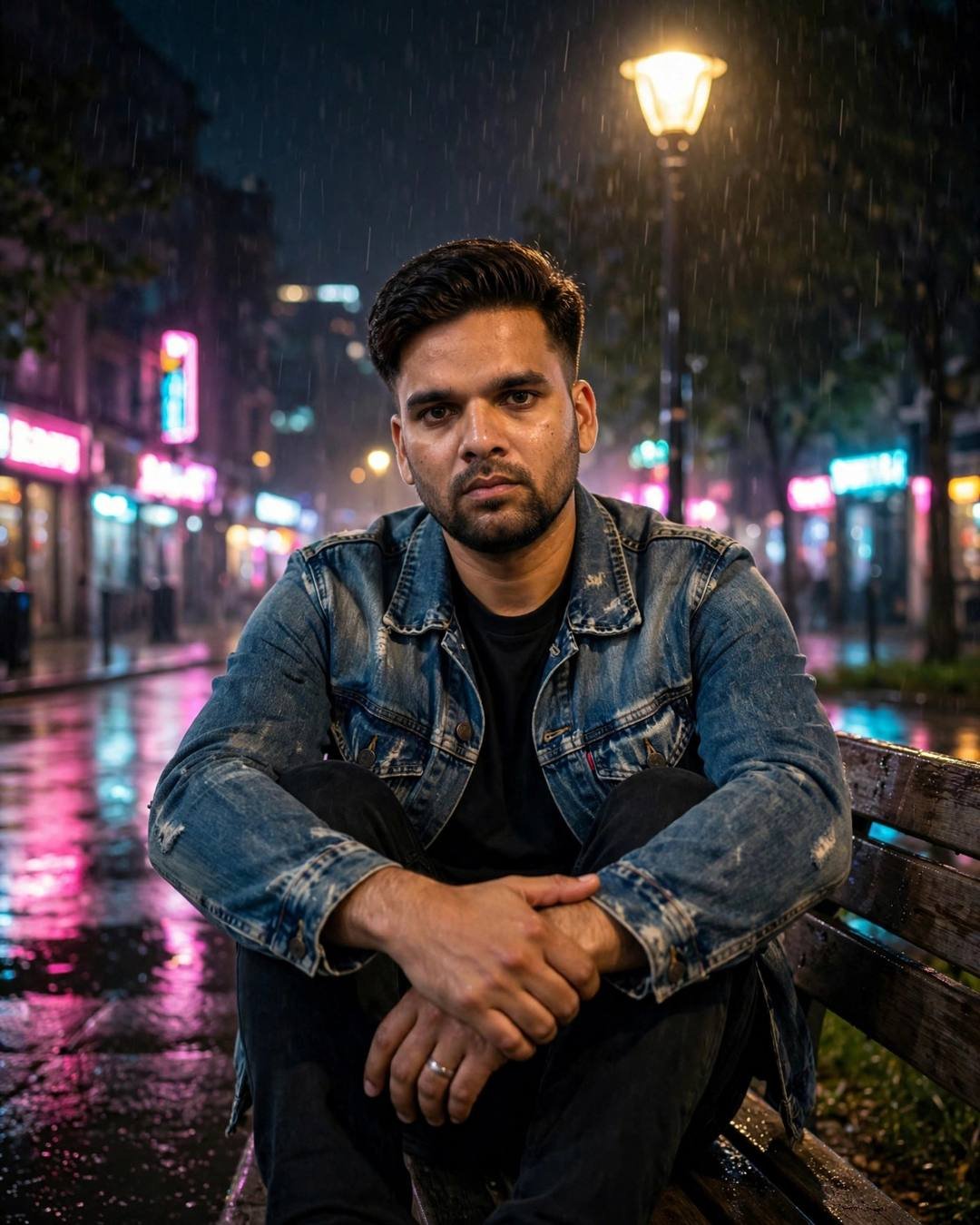Man in a denim jacket sitting calmly on a park bench in a rainy neon-lit street at night