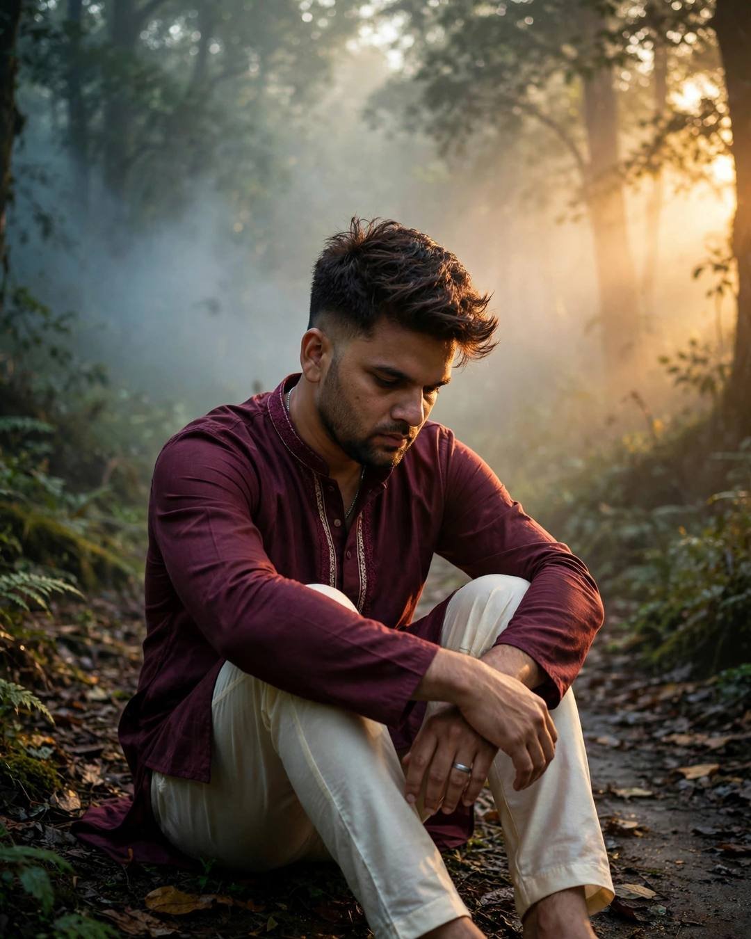 Young Indian man in a maroon kurta sitting with knees drawn up on a misty forest path in golden-hour light