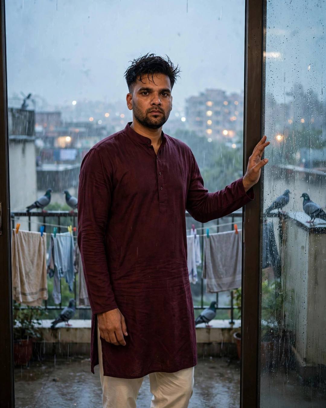 Young Indian man in a maroon kurta standing at a rain-streaked glass window on a terrace with pigeons and drying clothes in monsoon rain