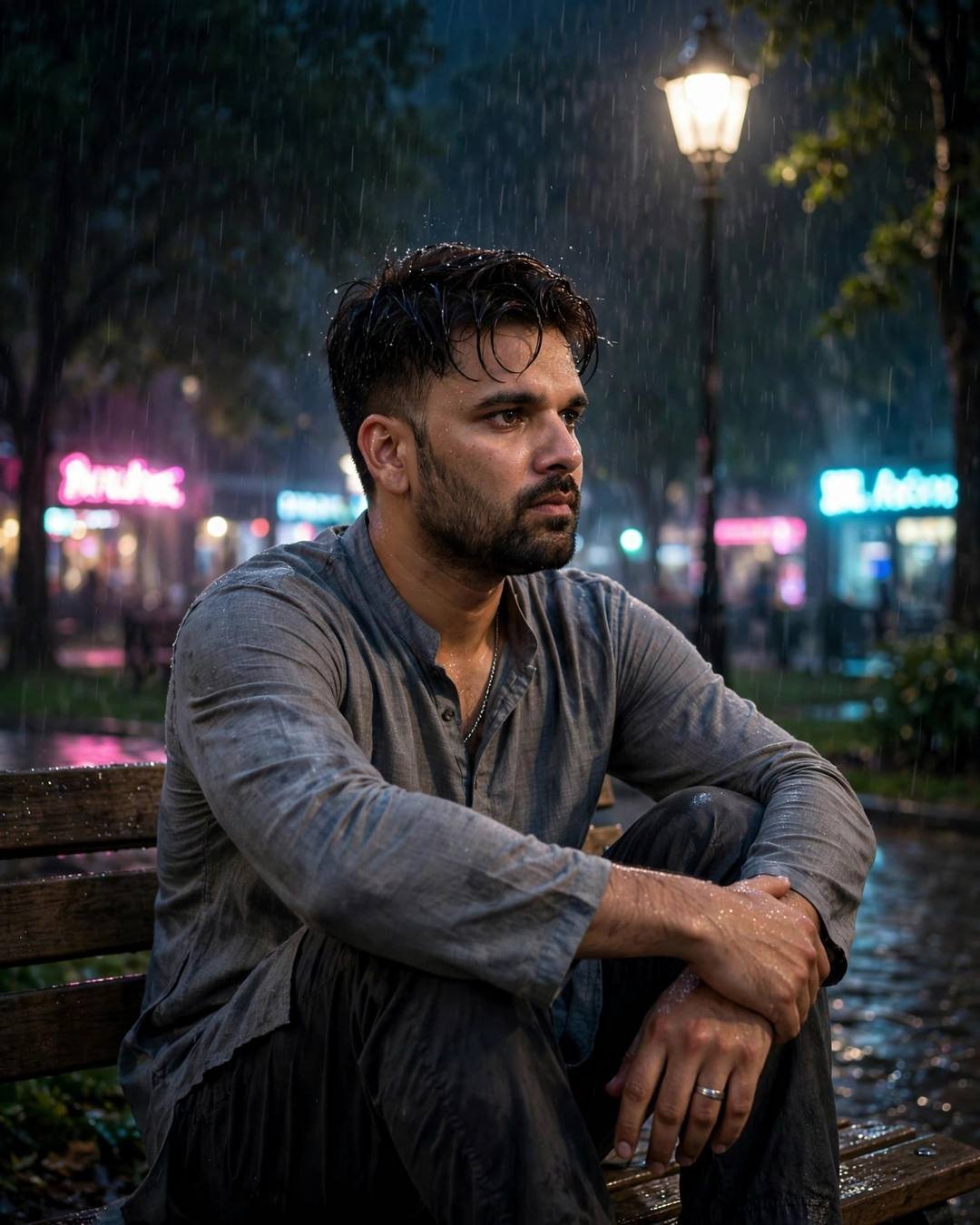 Young Indian man in a grey kurta sitting with knees drawn up on a park bench in midnight rain with neon pink and cyan light