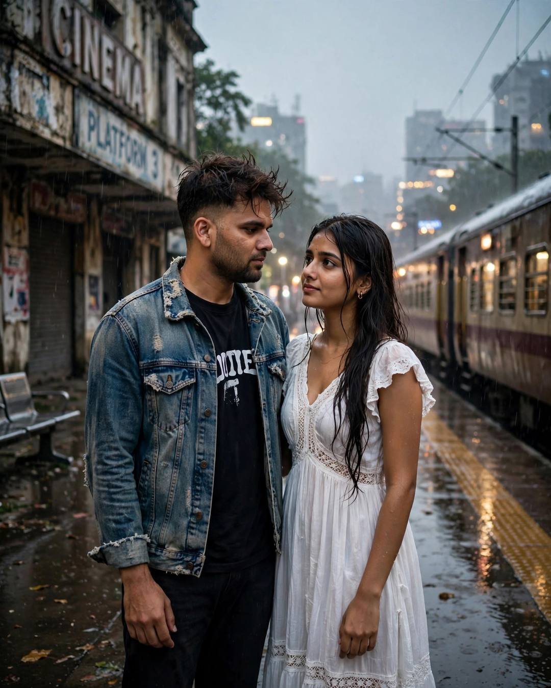 Couple standing face to face on a rainy railway platform — man in denim jacket, woman in white dress, train waiting behind