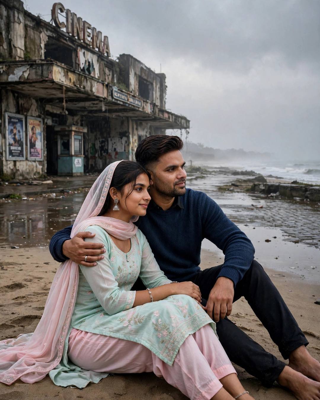 Couple sitting close on wet sand — man in navy sweater with arm around woman in pastel salwar-kameez, abandoned cinema hall behind