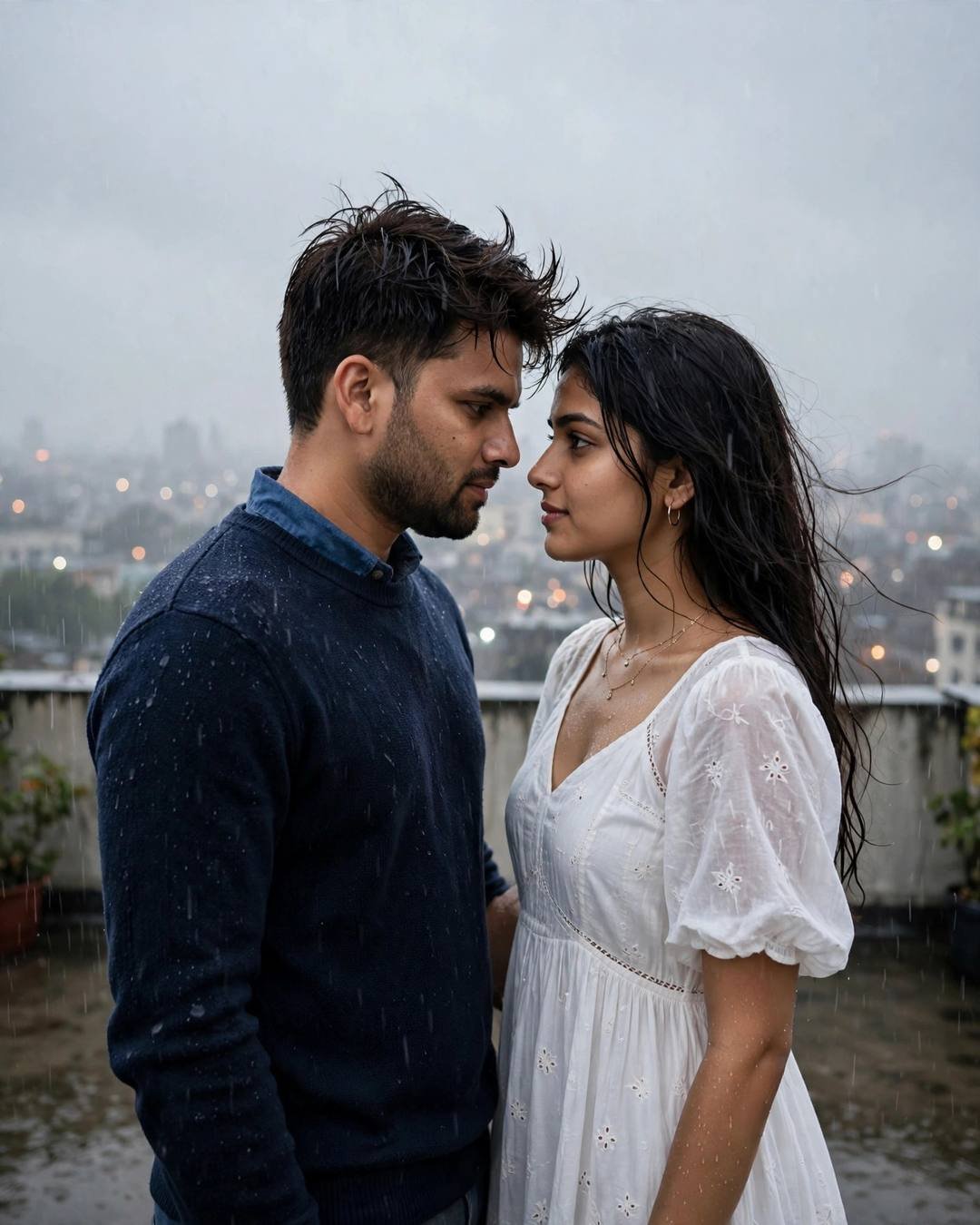 Couple with foreheads almost touching on a rainy rooftop — man in navy sweater, woman in white dress, blurred city lights behind