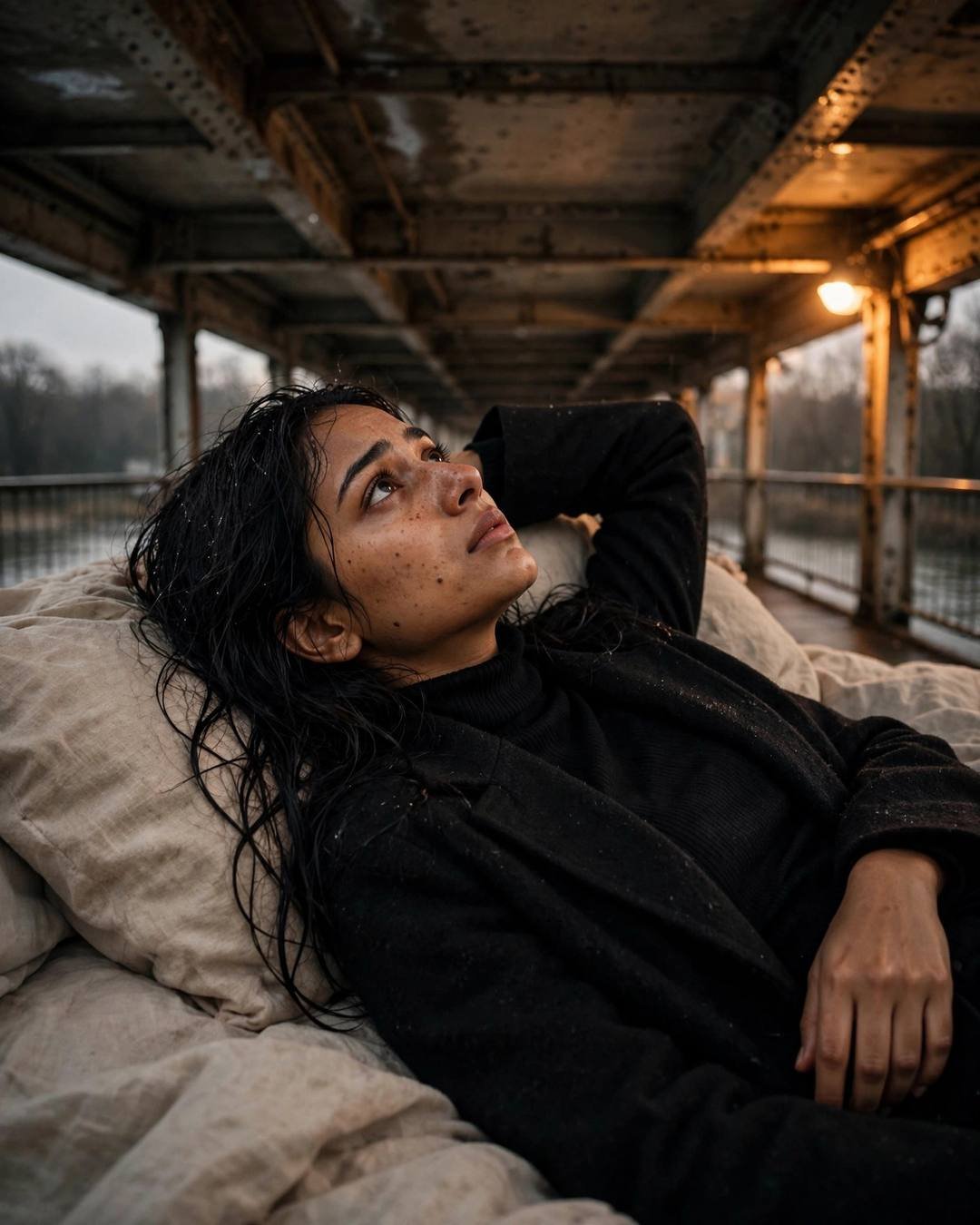 Young Indian woman with wet hair in a black turtleneck and long coat reclining on an old iron bridge, gazing upward