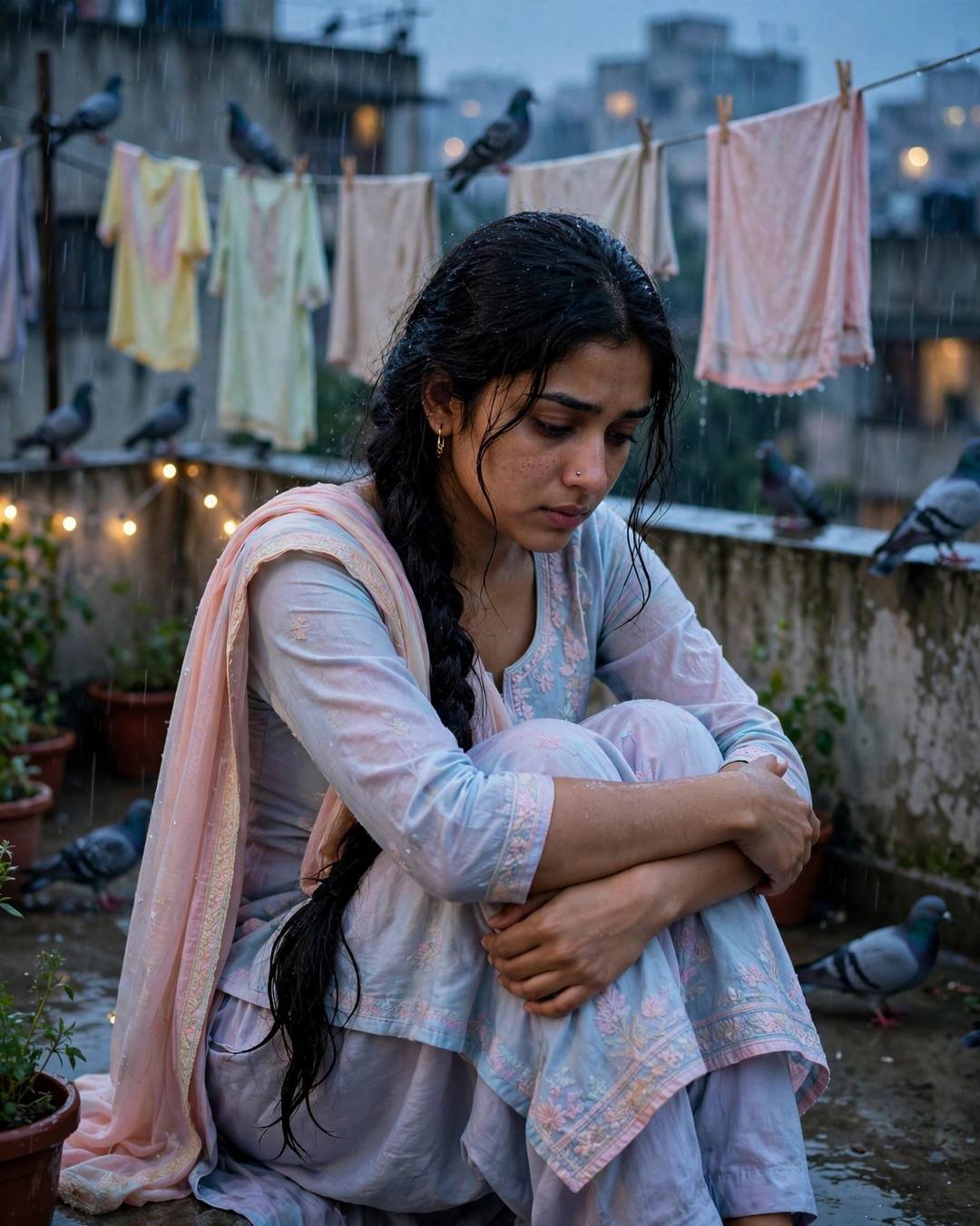 Young Indian woman in a pastel salwar-kameez with a long braid sitting with knees drawn up on a rainy terrace with clothes lines and pigeons