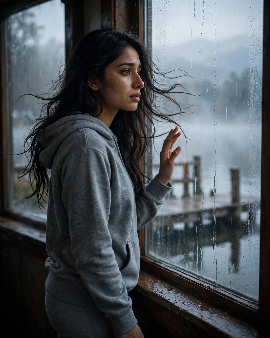 Young Indian woman in a grey hoodie with windblown hair standing at a rain-streaked window overlooking a foggy lake pier at dawn