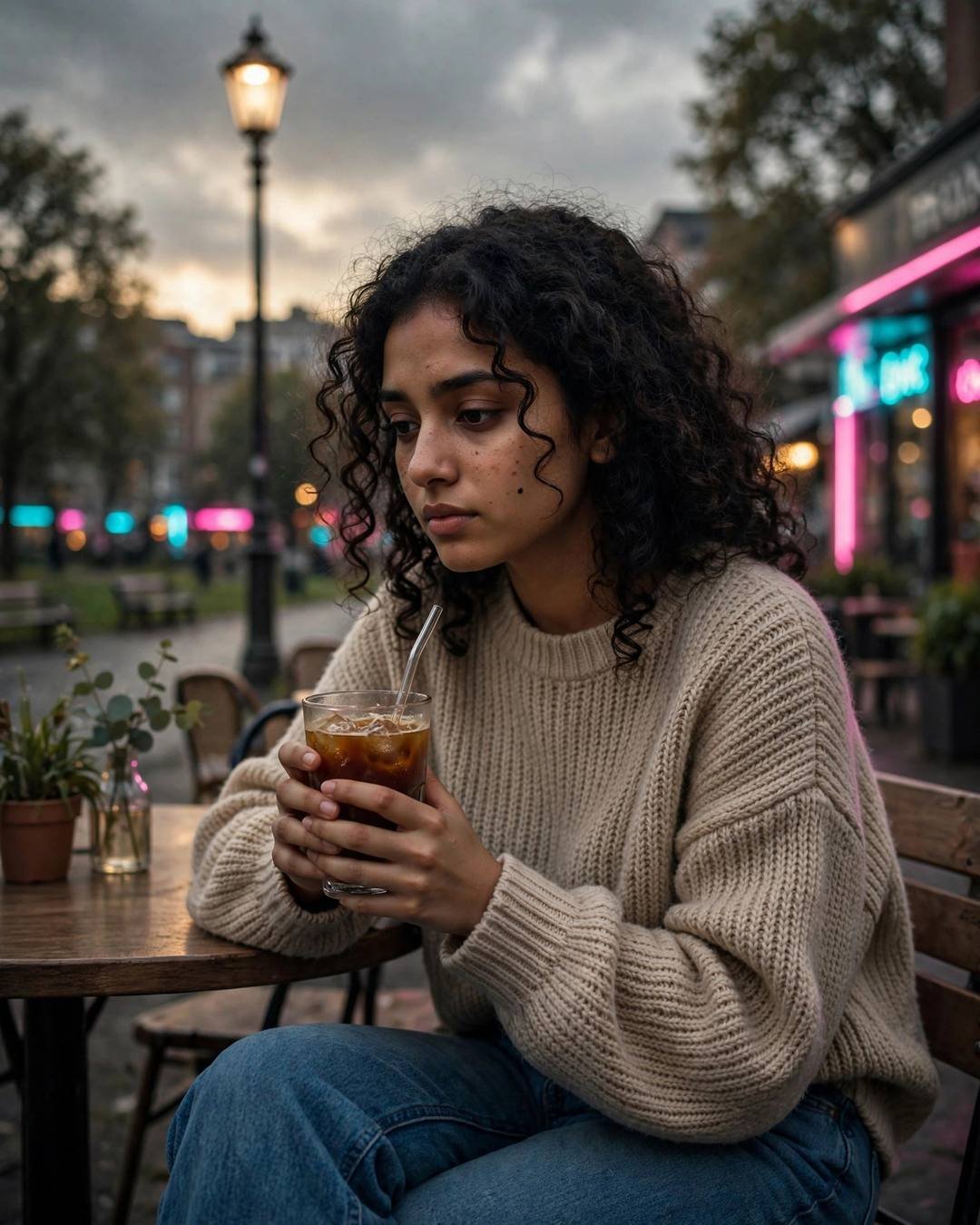 Young Indian woman with soft curls in an oversized beige sweater cradling a cold coffee at a neon-lit cafe terrace at dusk