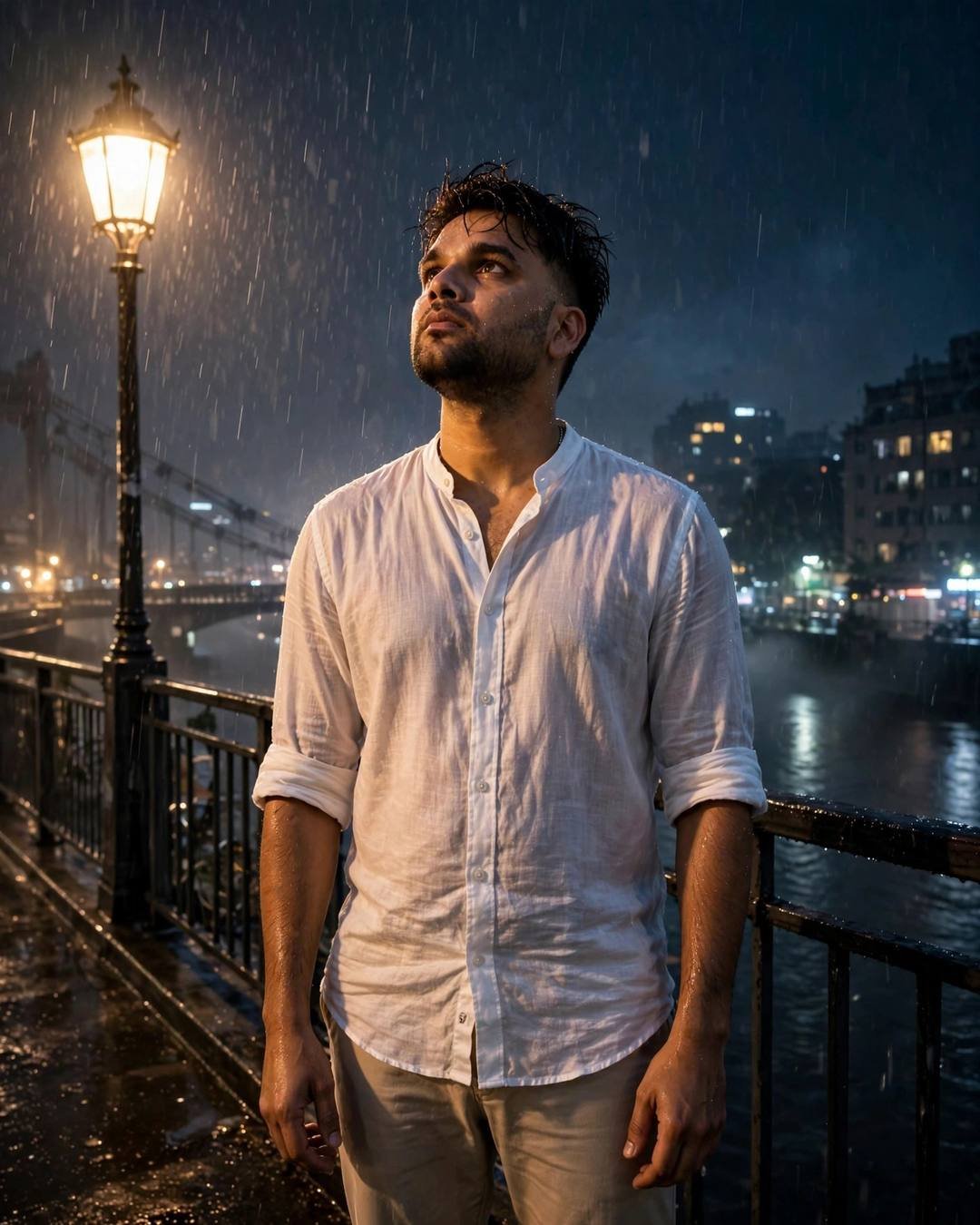 Young Indian man in white linen shirt standing under a streetlamp in the rain on a bridge at night, face lifted to the sky