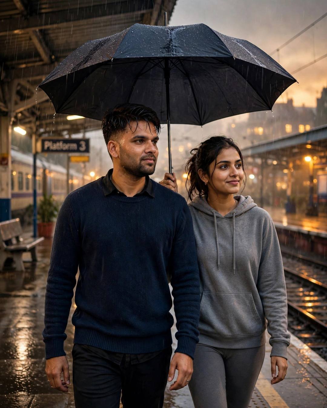 Couple walking side by side under one umbrella on a rainy railway platform at golden hour