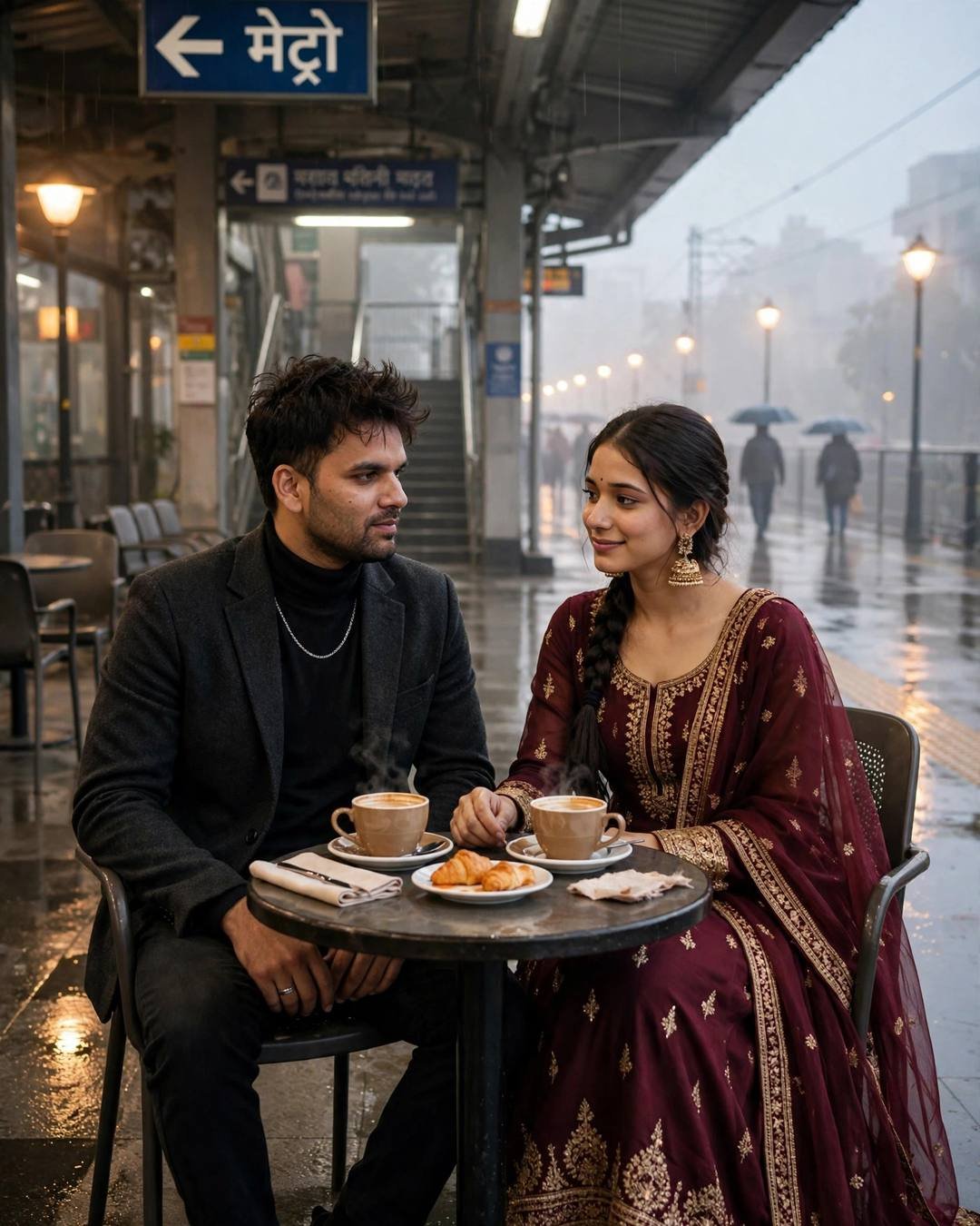 Couple sharing chai at a cafe table on a rainy metro station platform at golden hour
