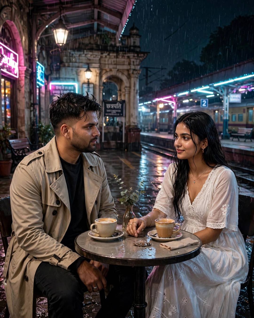 Young Indian couple at a small cafe table on a rainy neon-lit railway platform at night, man in beige trench coat, woman in flowing white dress