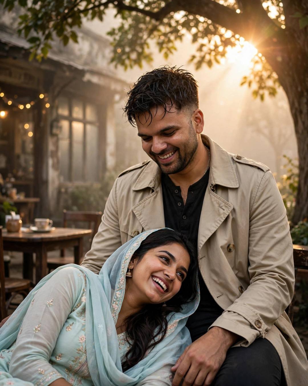 Young Indian couple laughing together at golden hour beside an old cafe, woman in pastel salwar-kameez with dupatta leaning on man in beige trench coat