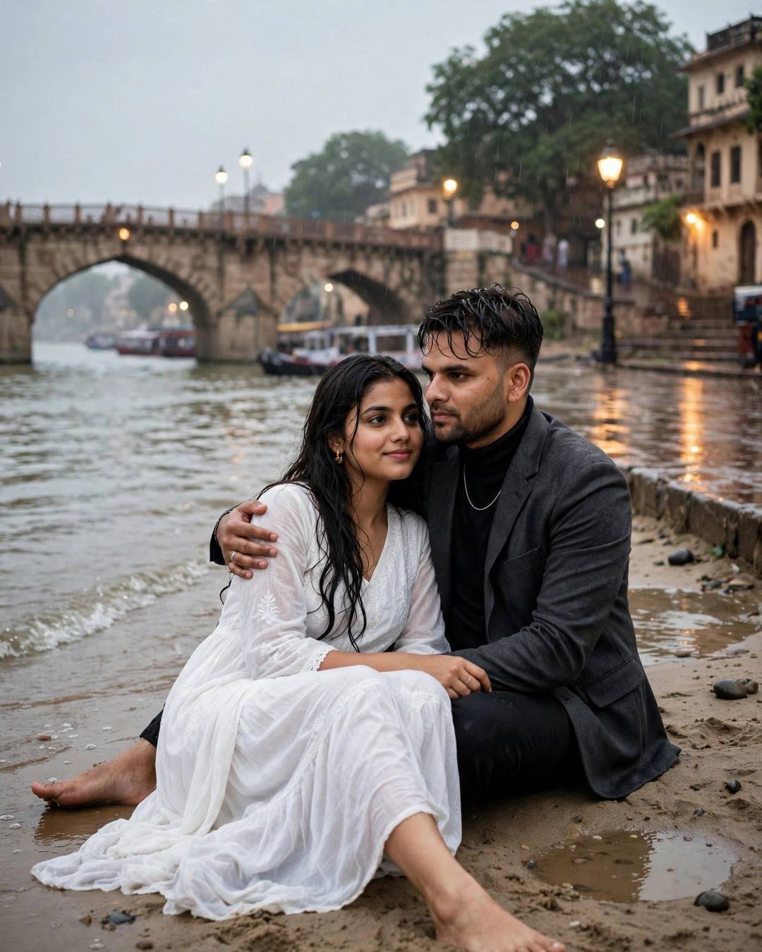 Young Indian couple sitting on wet sand by a slow river after rain, man in charcoal blazer with arm around woman in flowing white dress, old stone bridge behind