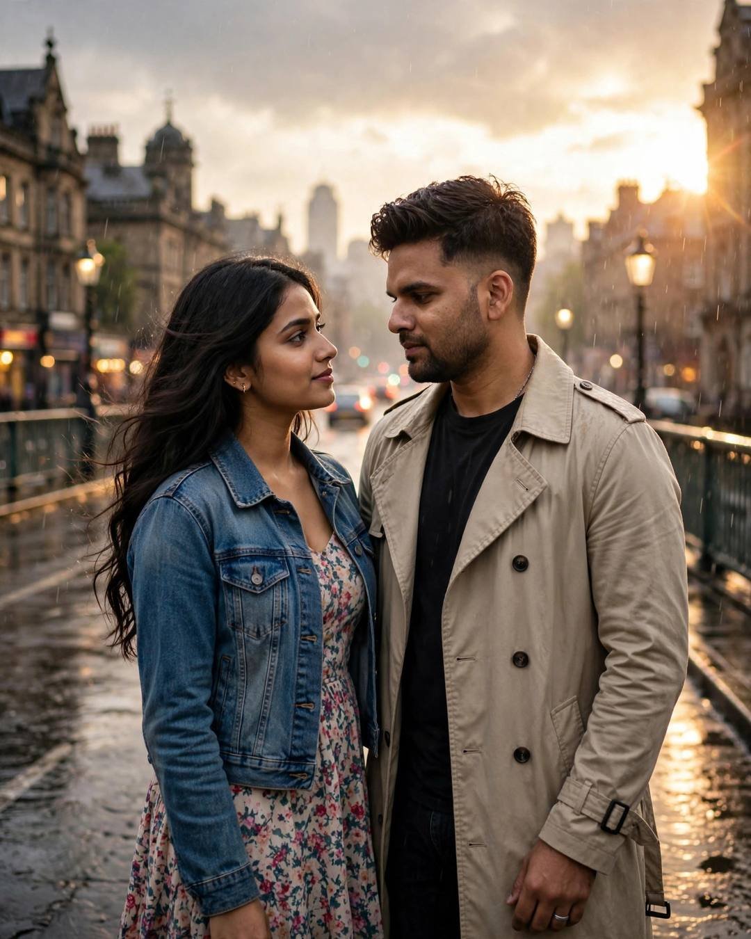Young Indian couple facing each other on a rainy city bridge at golden hour, woman in denim jacket over floral dress, man in beige trench coat