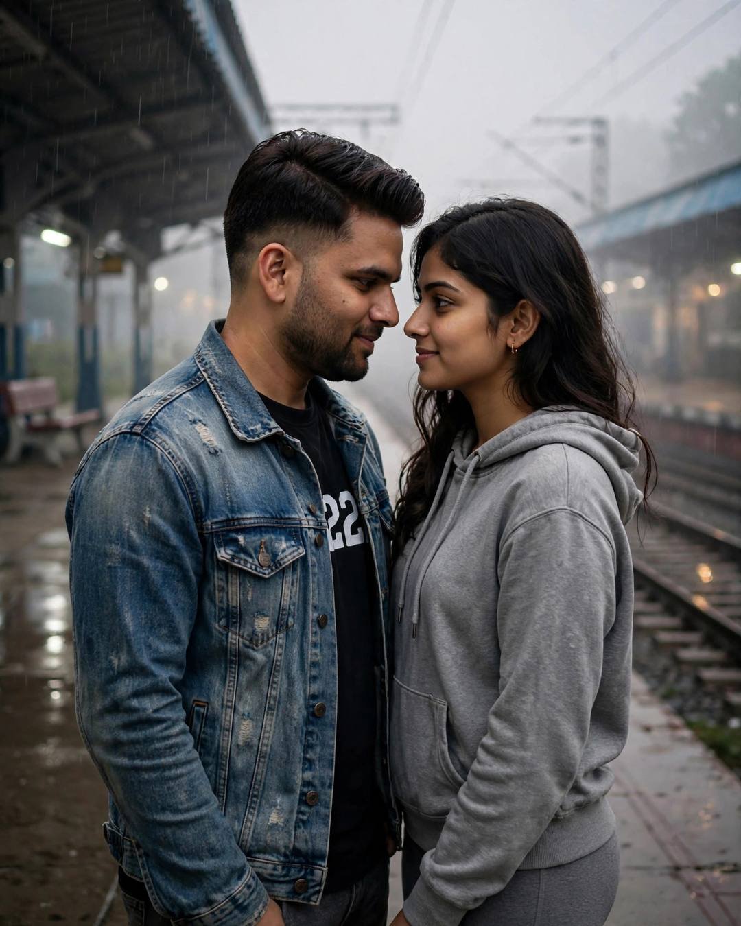 Couple standing face to face with foreheads almost touching on an empty railway platform at night in drizzle