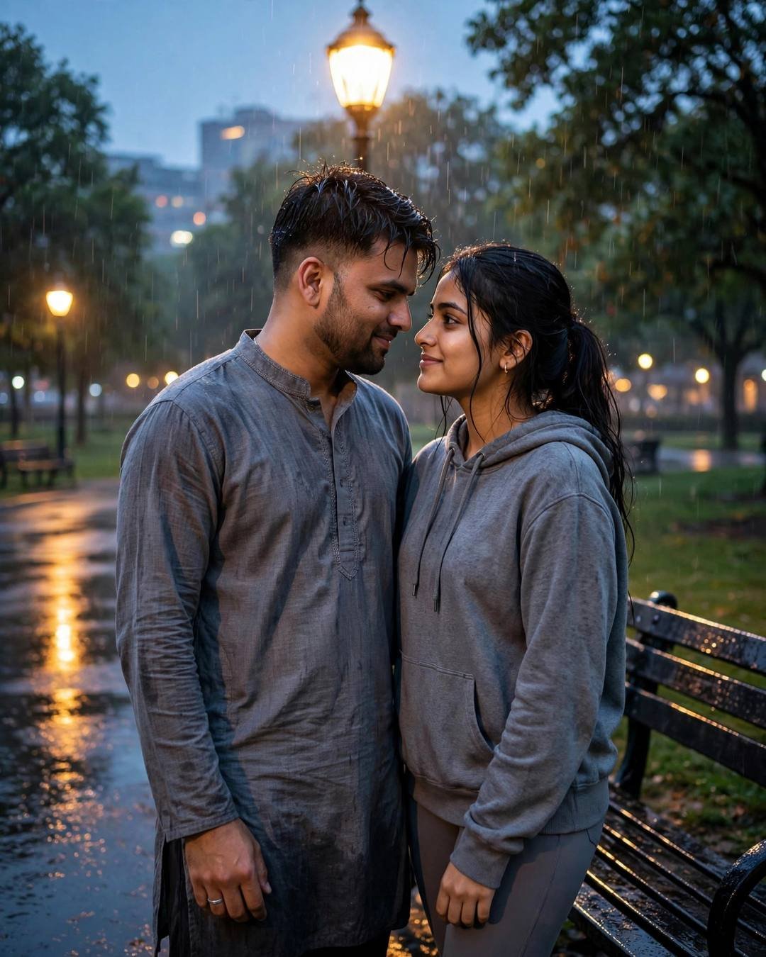 Couple standing face to face with foreheads almost touching under a lone lamp in a post-rain park