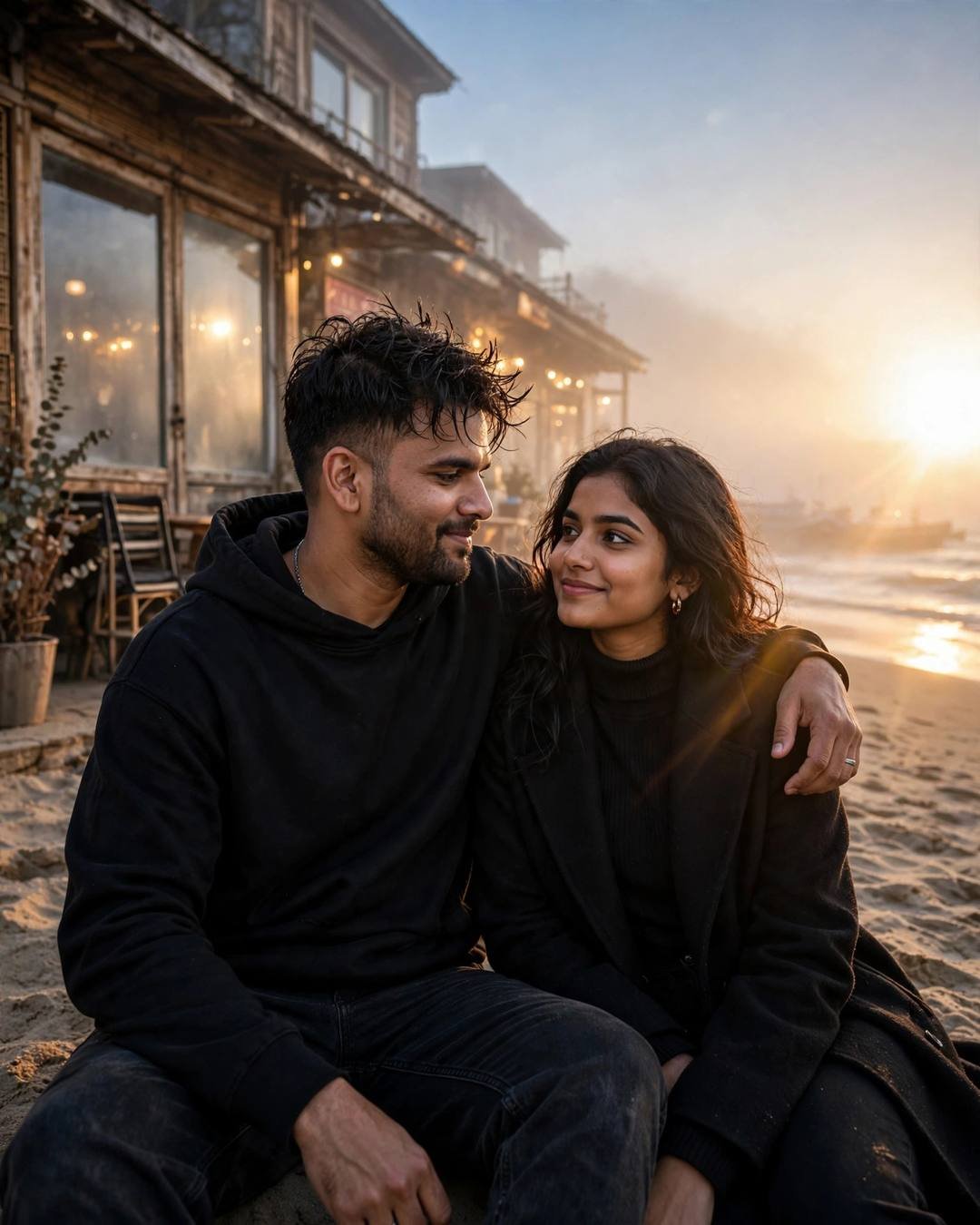 Couple sitting on a foggy beach at blue hour, his arm around her, beachside cafe glowing behind