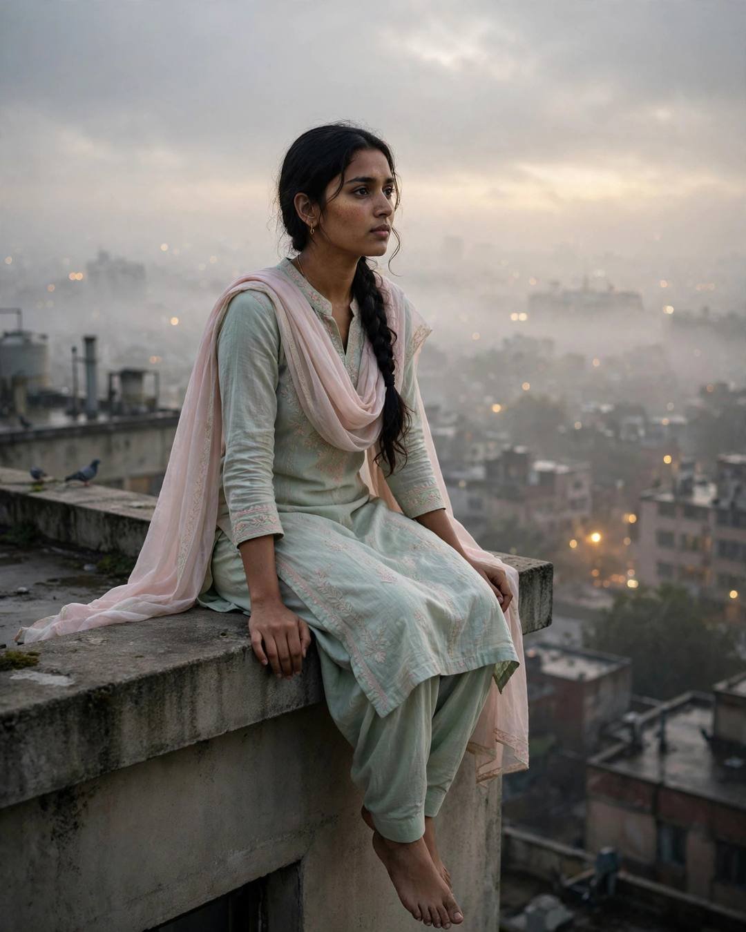 Young Indian woman in a pastel salwar-kameez with dupatta sitting on a rooftop ledge above foggy city lights at dawn