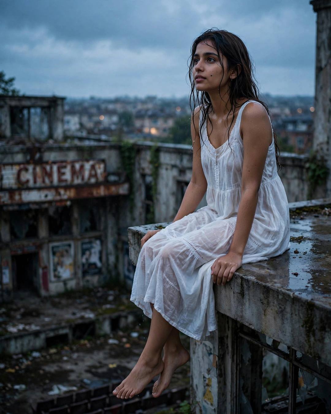 Young Indian woman in a white summer dress sitting on a rooftop ledge above an abandoned cinema hall at blue hour