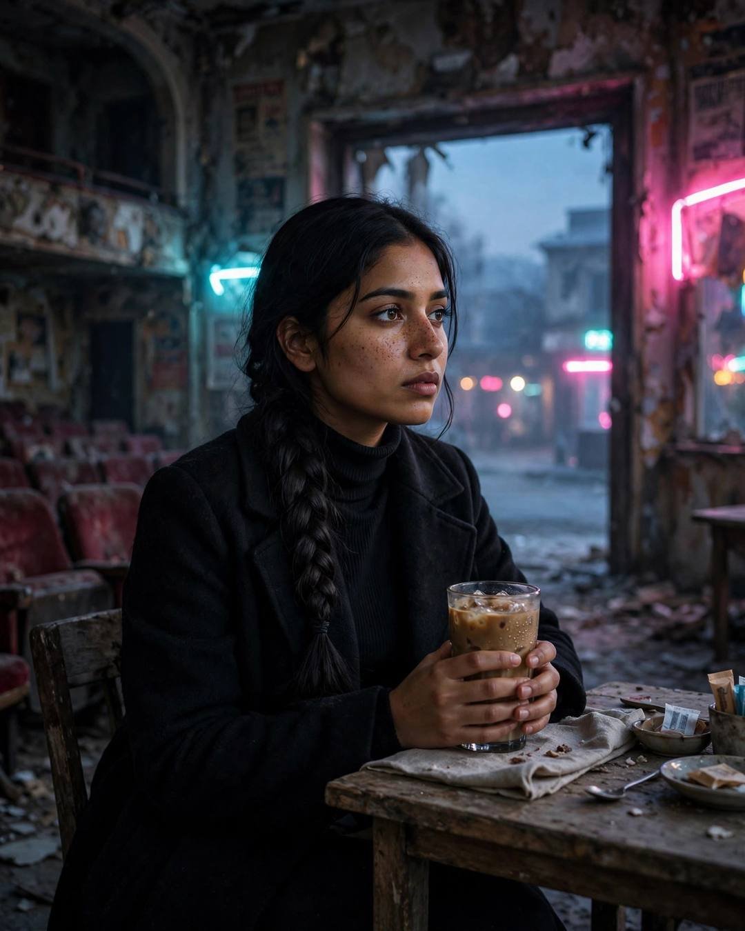 Young Indian woman in black turtleneck and coat cradling a cold coffee in an abandoned cinema hall with neon light