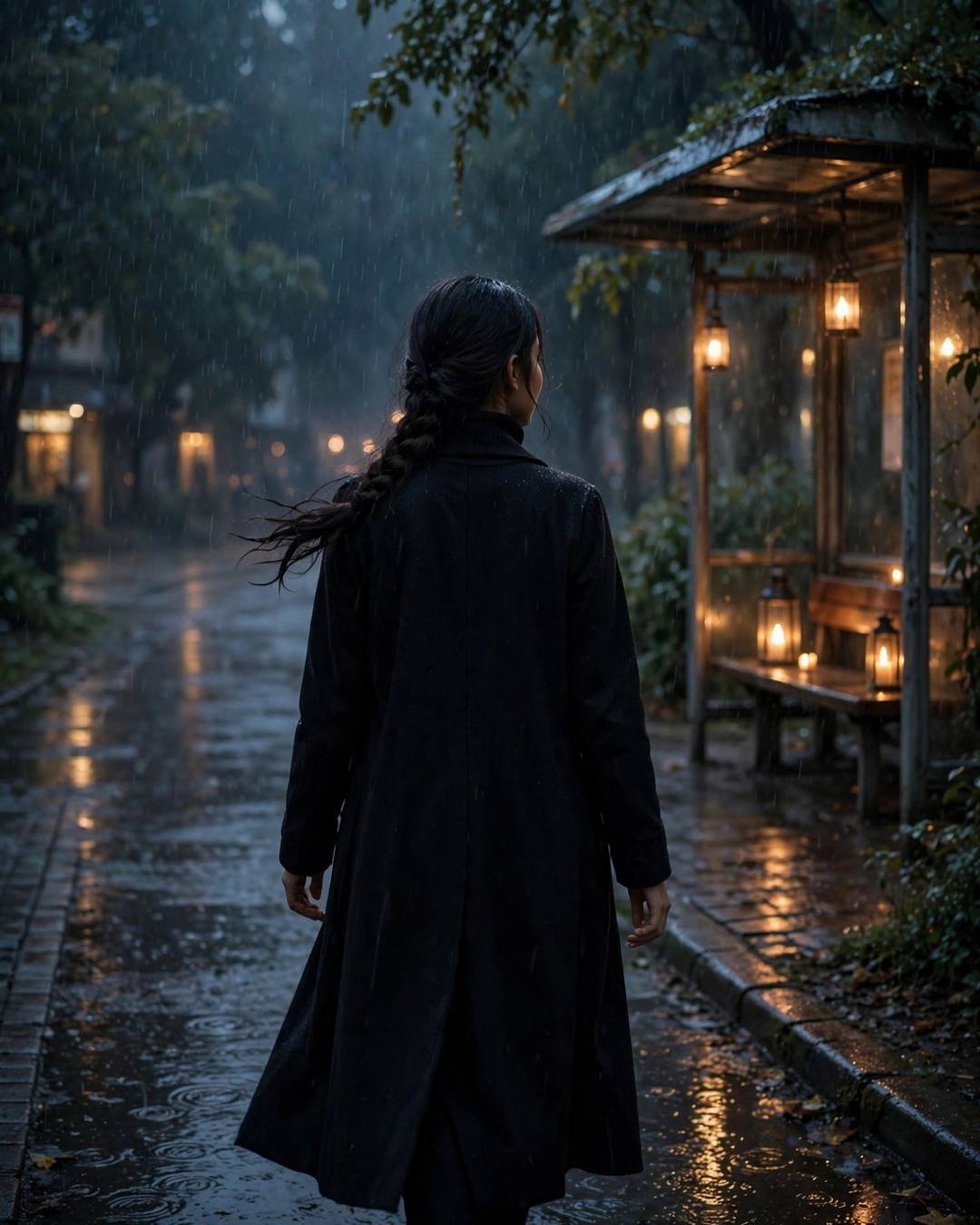 Young Indian woman in a black turtleneck and long coat walking away down a rainy path past a glowing bus stop at night