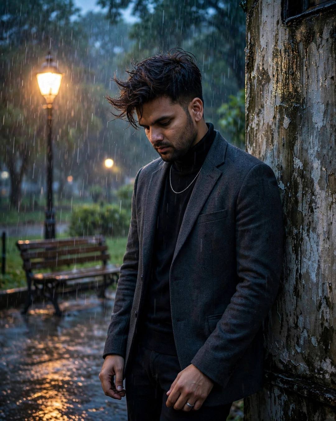 Young man leaning against a weathered wall in monsoon rain near a park bench under a lone lamp at blue hour