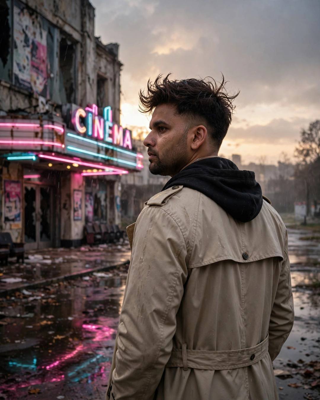 Young Indian man in a beige trench coat glancing over his shoulder in front of an abandoned cinema hall glowing with pink and cyan neon at dusk
