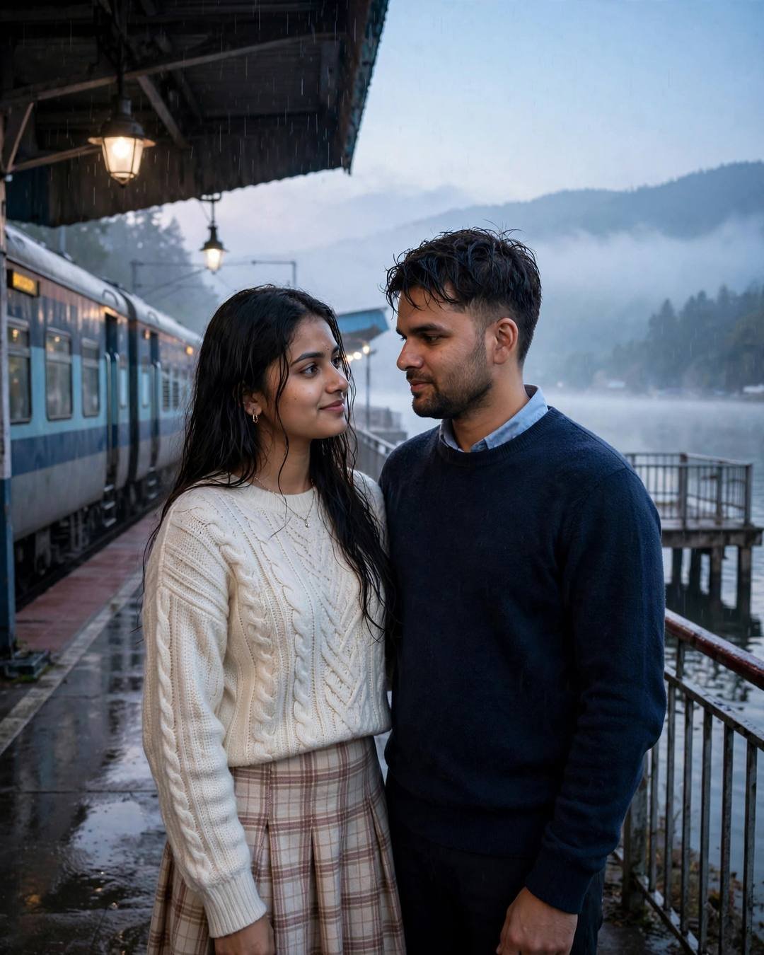 Young Indian couple standing close on a rainy lake-pier railway platform at dawn, the man in a navy sweater and the woman in a cream knit top and plaid skirt