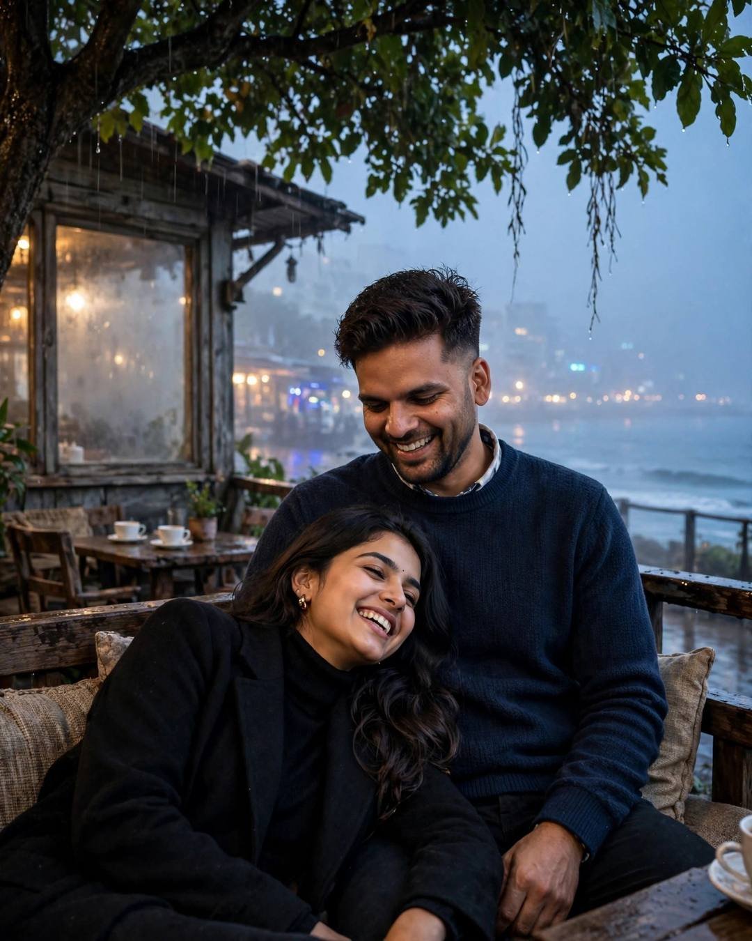 Young Indian couple laughing softly under a tree by a fogged cafe window in the rain, her head in his lap, dense fog and blue-hour glow