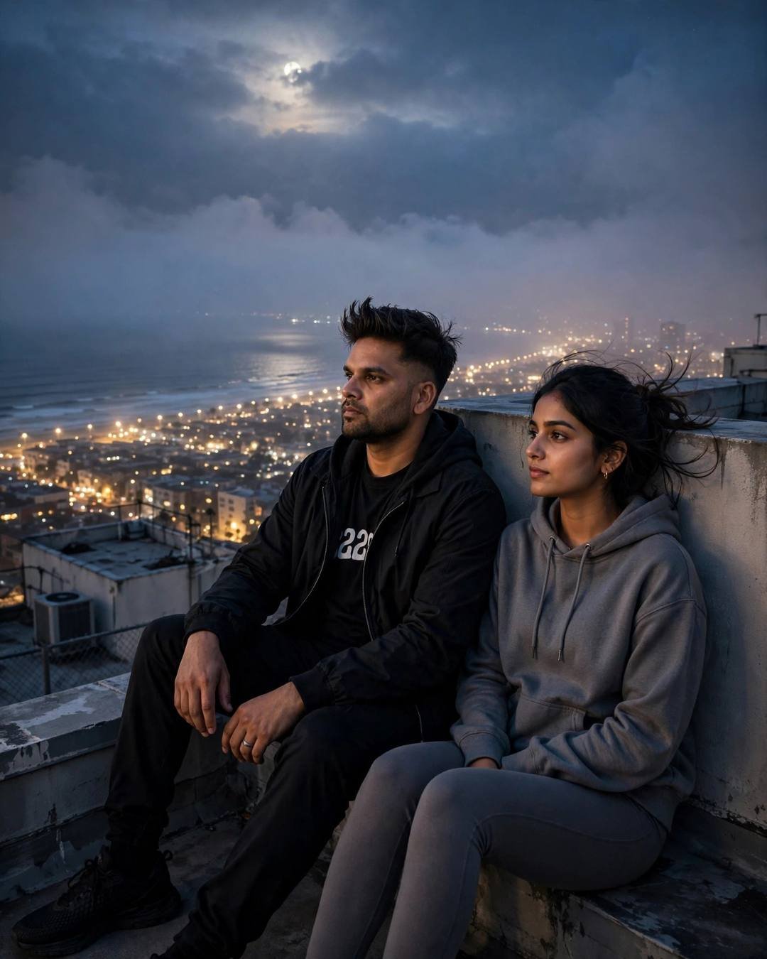 Sharing one fresh coconut with two straws — all-black streetwear with sneakers, windswept textured hair sitting on a rooftop, backs against the wall, sharing silence
