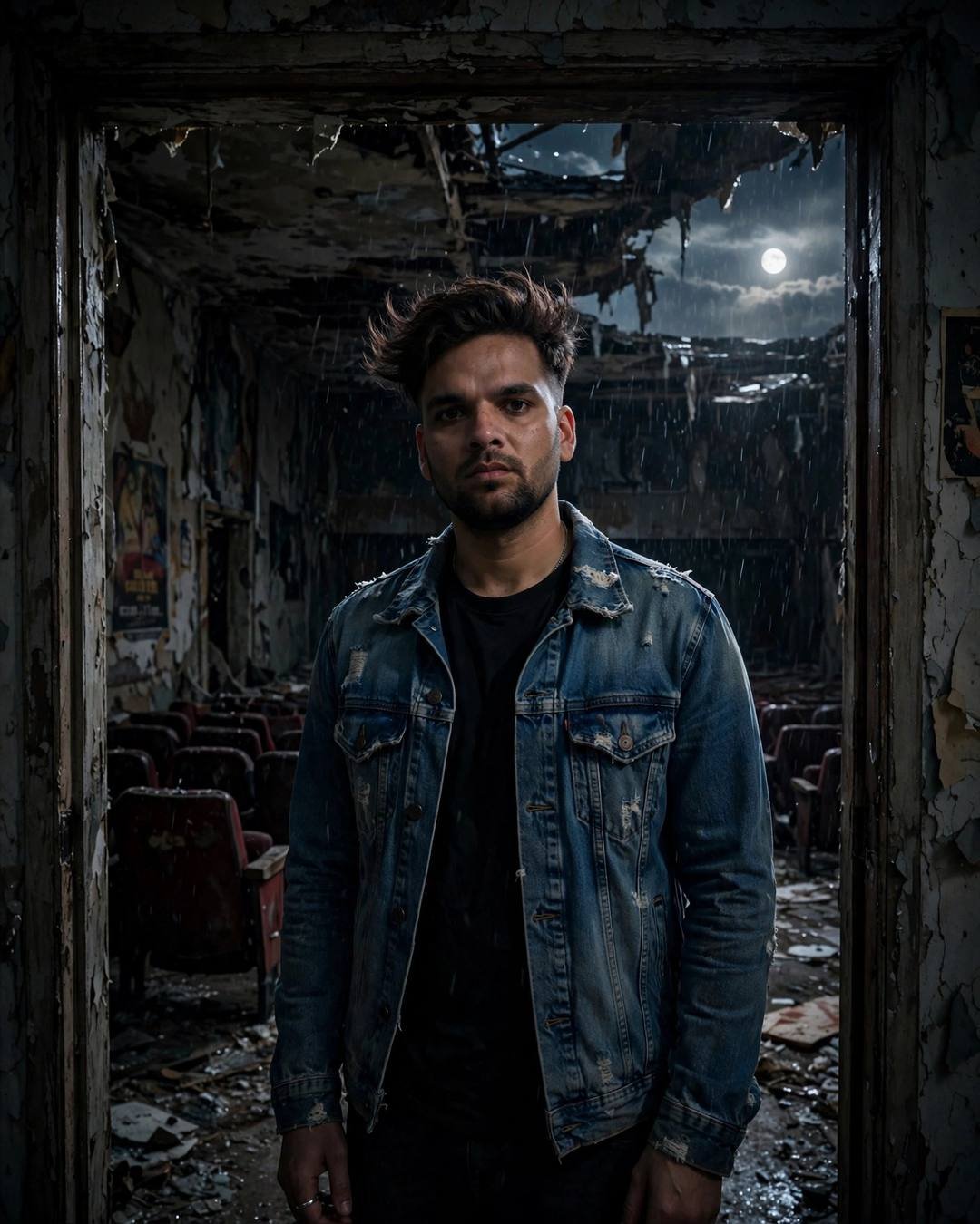 Jet-black hoodie beneath bright fireworks blooming over — distressed denim jacket over black tee, windswept textured hair standing in a doorway, half in shadow