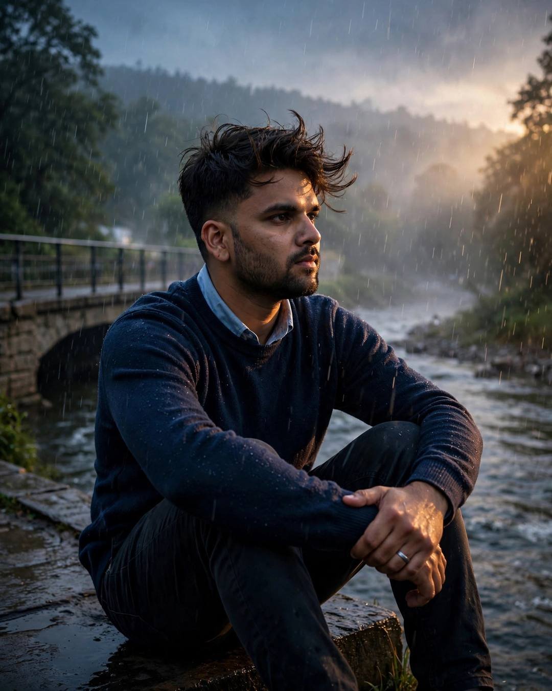 Ink-black denim jacket with collars turned up — navy sweater over collared shirt, windswept textured hair sitting with knees drawn up, arms wrapped around legs
