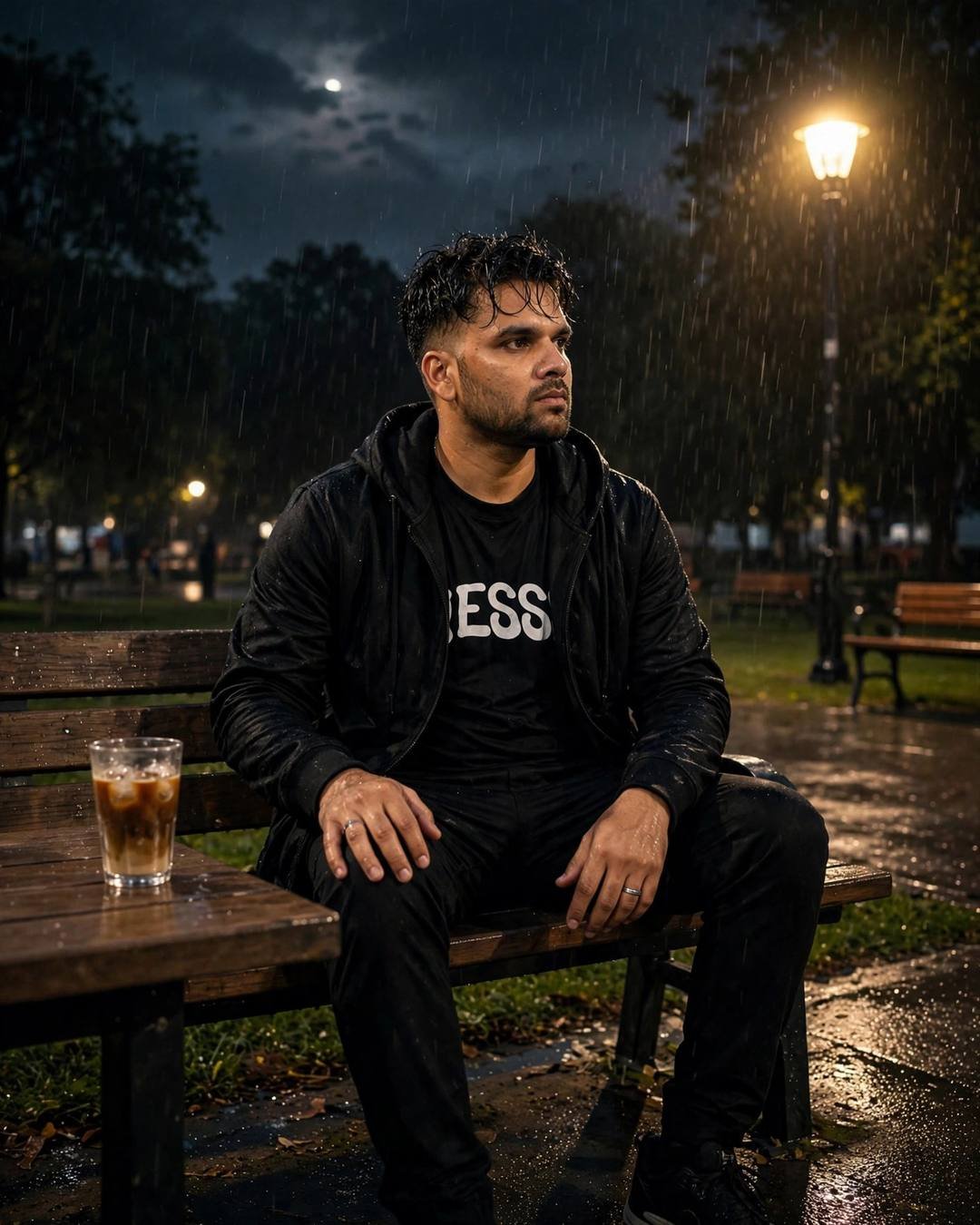 Noir trench coat sweeping past dark puddles — all-black streetwear with sneakers, towel-dried tousled hair sitting at a cafe table, cradling a cold coffee, lost in thought