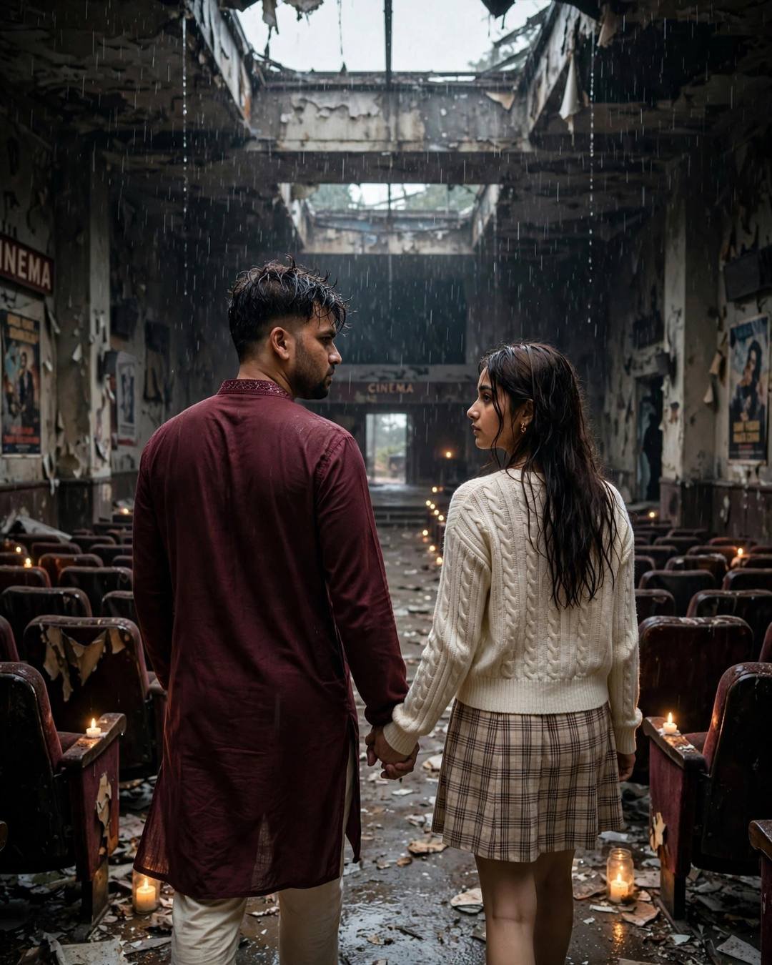 Indian couple walking hand in hand away from the camera through an abandoned cinema hall, rain falling through the broken roof with candlelight glowing in the aisles