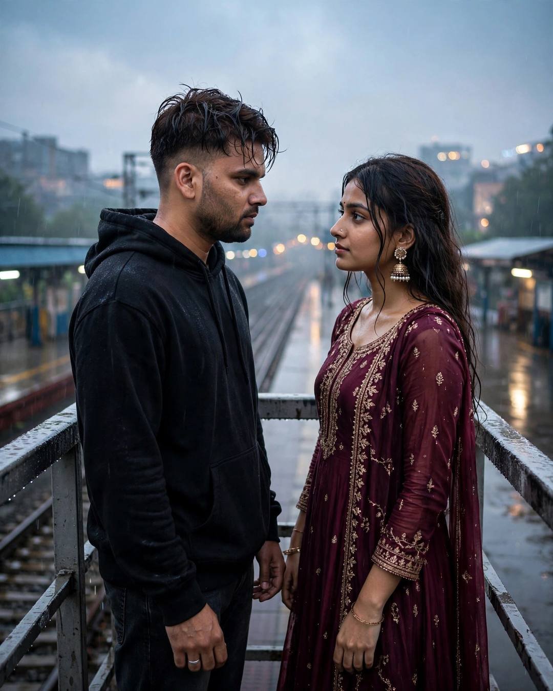 Indian couple standing face to face on a rain-wet bridge above an empty night railway platform, city lights blurred behind them