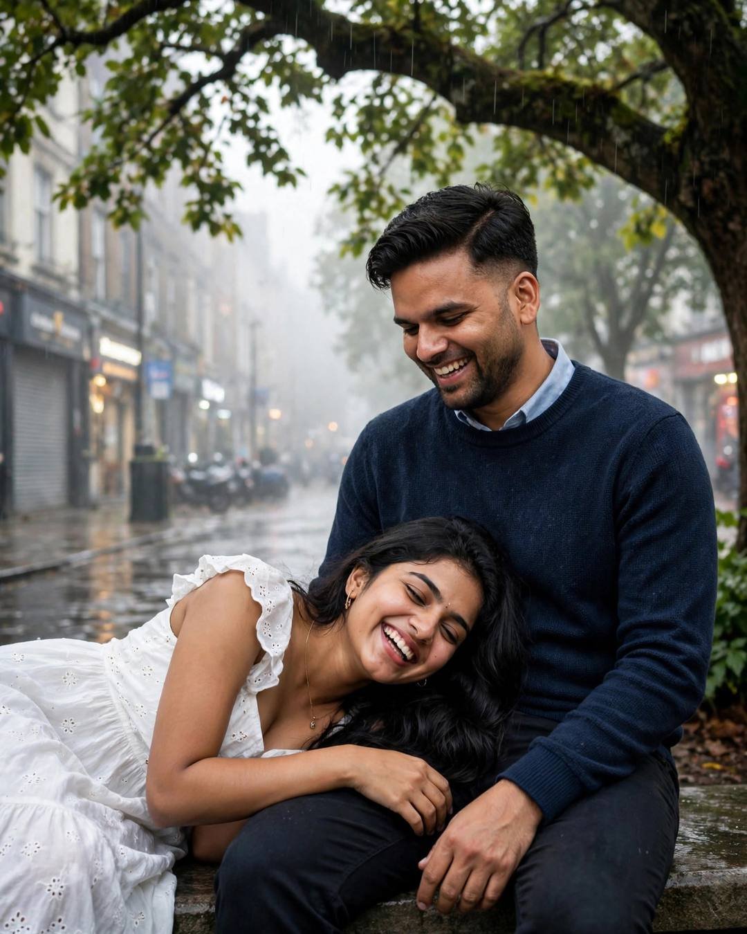 Indian couple on a rain-soaked city street at dawn, her head resting in his lap as they laugh together under a dripping tree