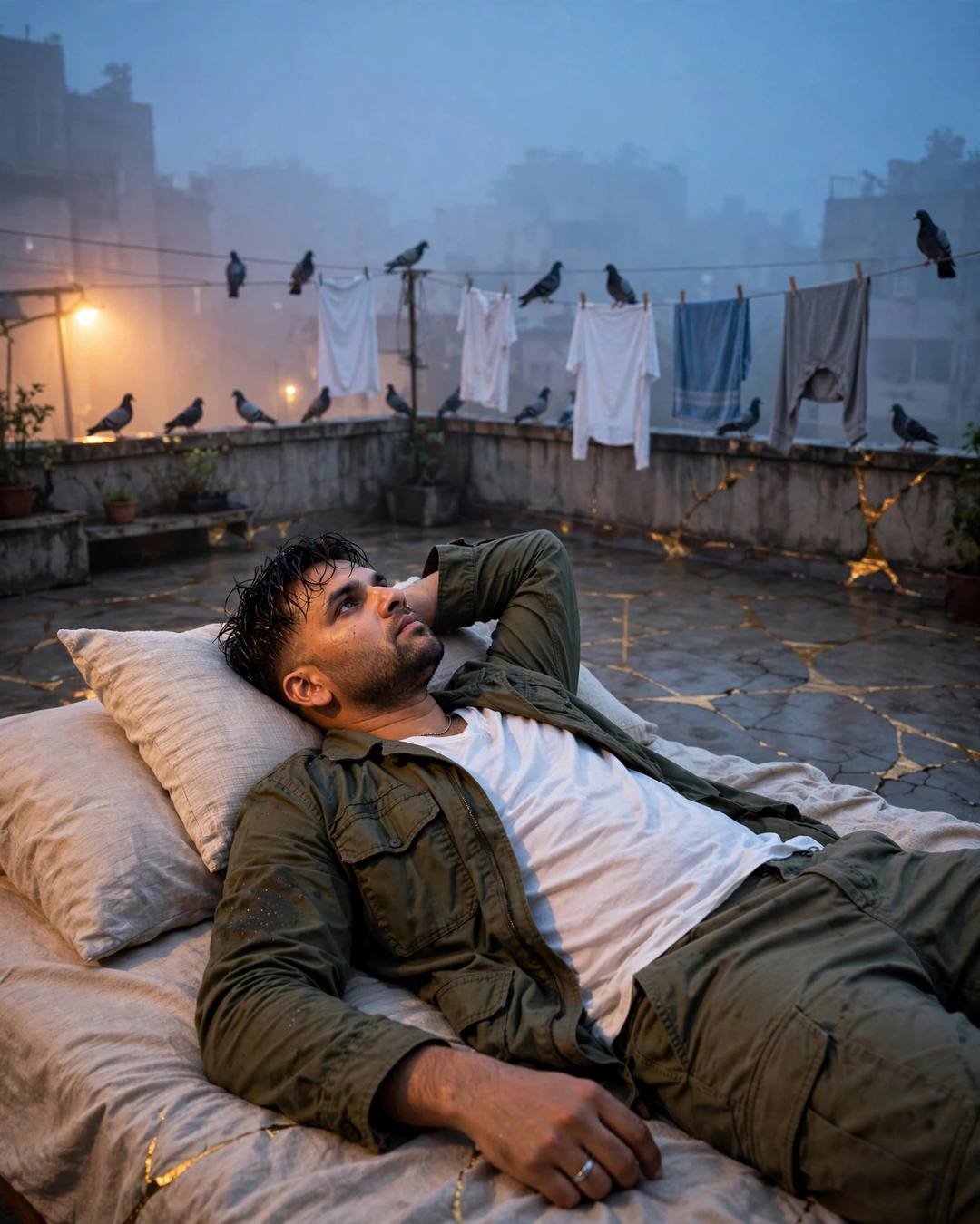 Man lying on a terrace bed with gold-filled cracks in the floor, pigeons around