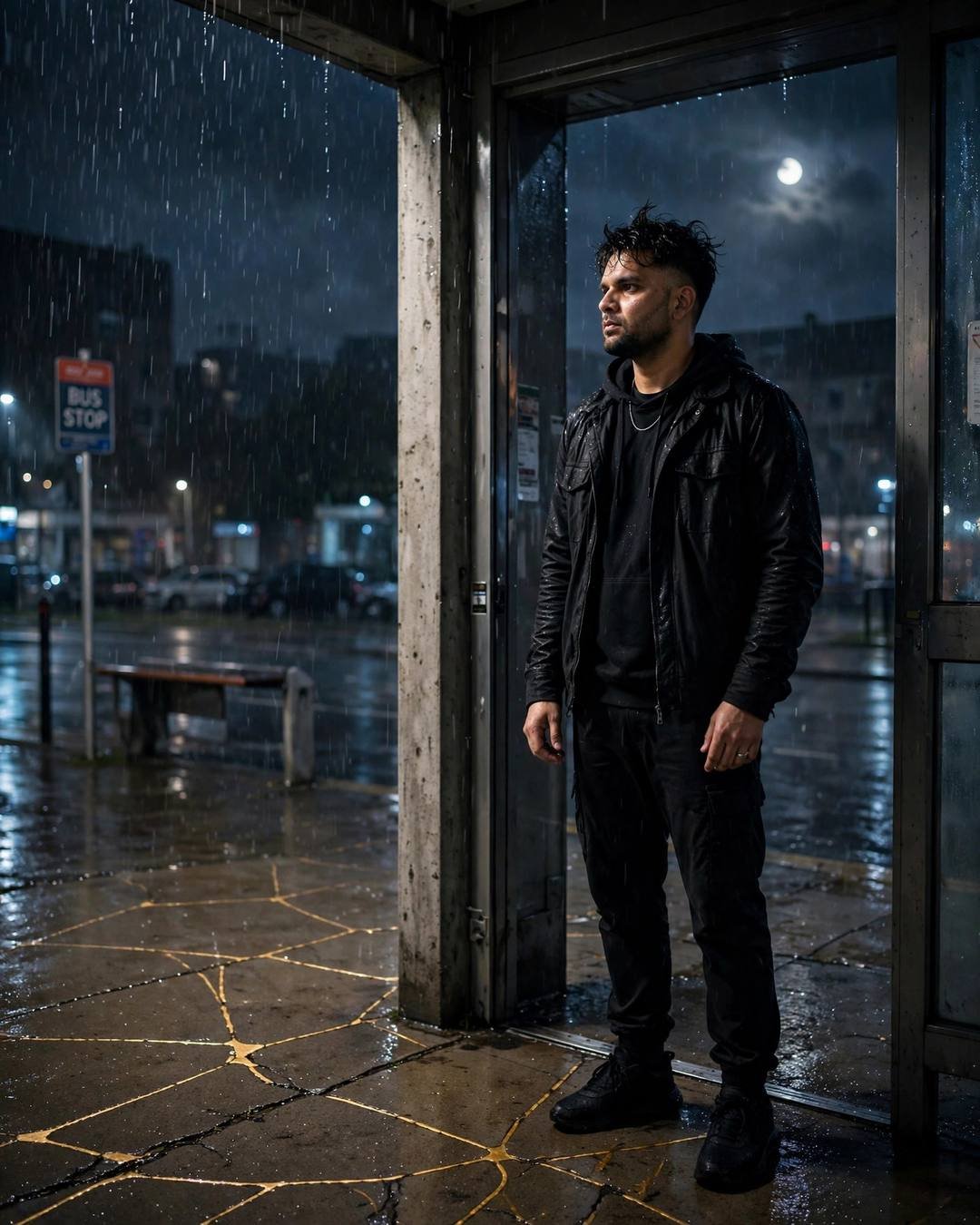 Man in black streetwear standing in a rainy bus stop doorway at night