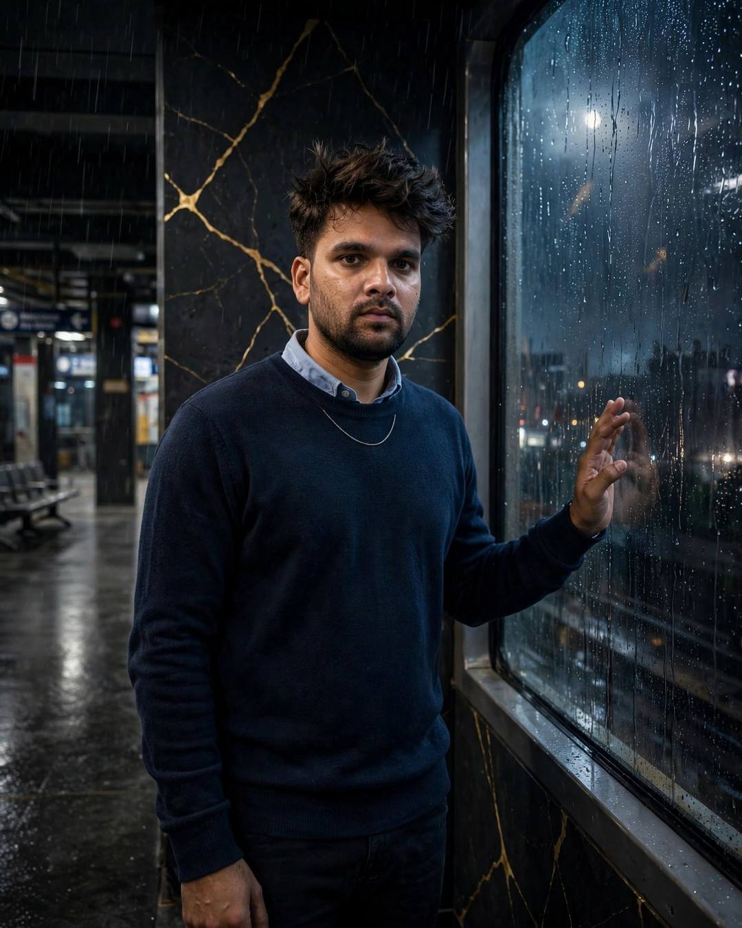 Man with hand on rain-streaked metro window, gold cracks in the wall