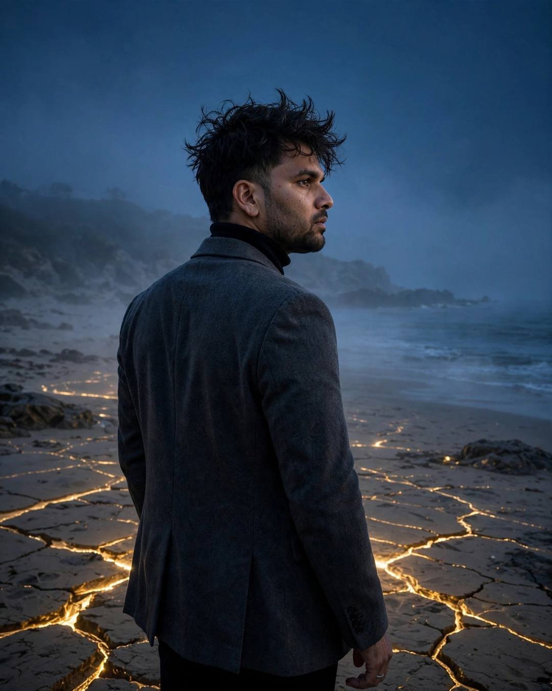 Man standing tall on a foggy beach with gold-filled cracks in the ground