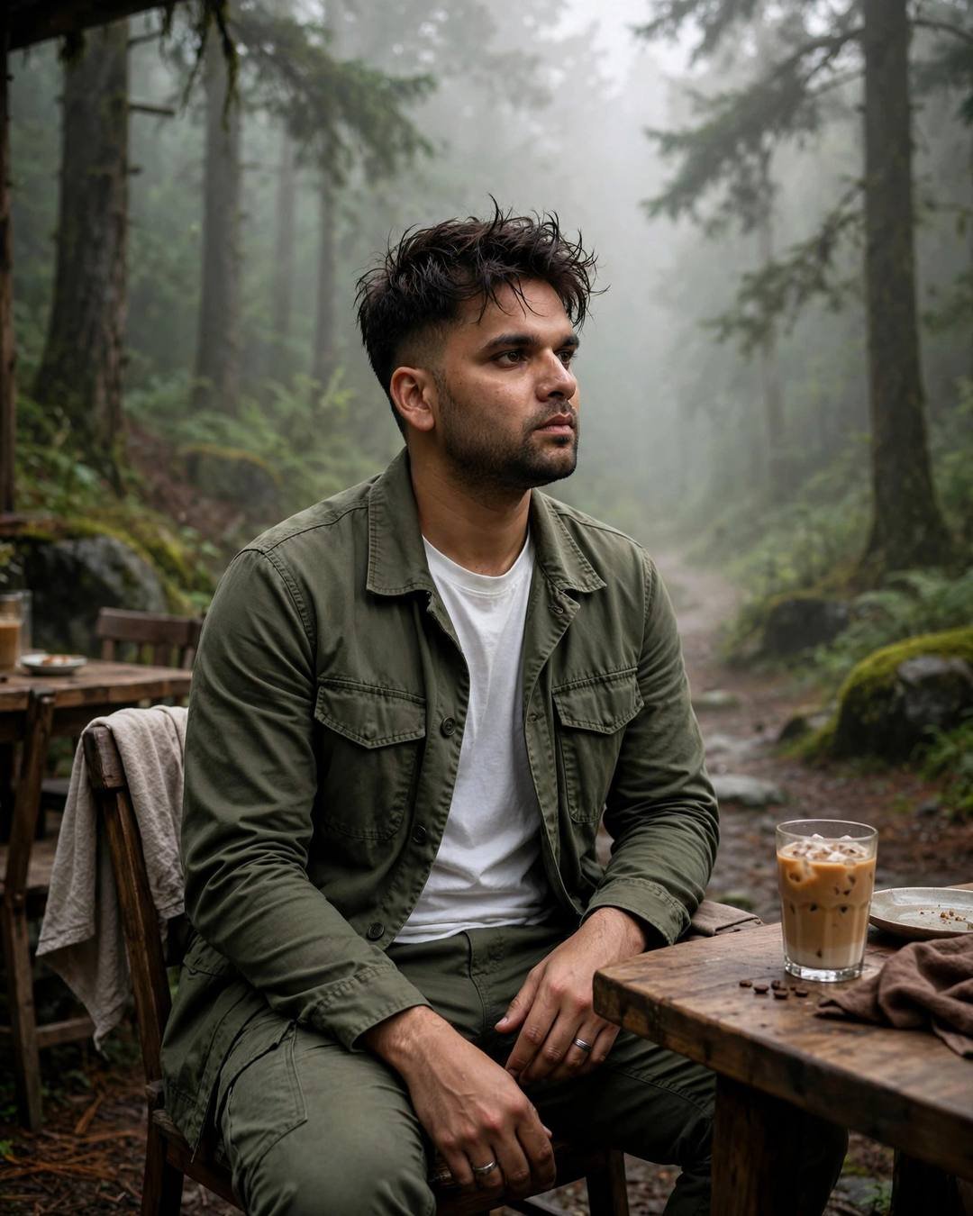 Young Indian man in olive field jacket with cold coffee on a misty forest path at dawn