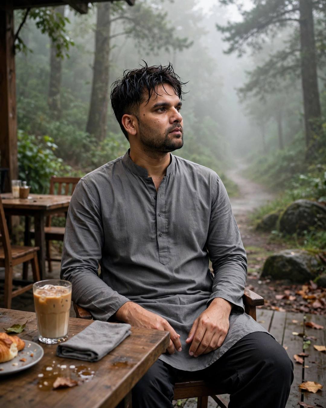 Young Indian man in grey kurta at a misty forest cafe table at dawn, calm and composed